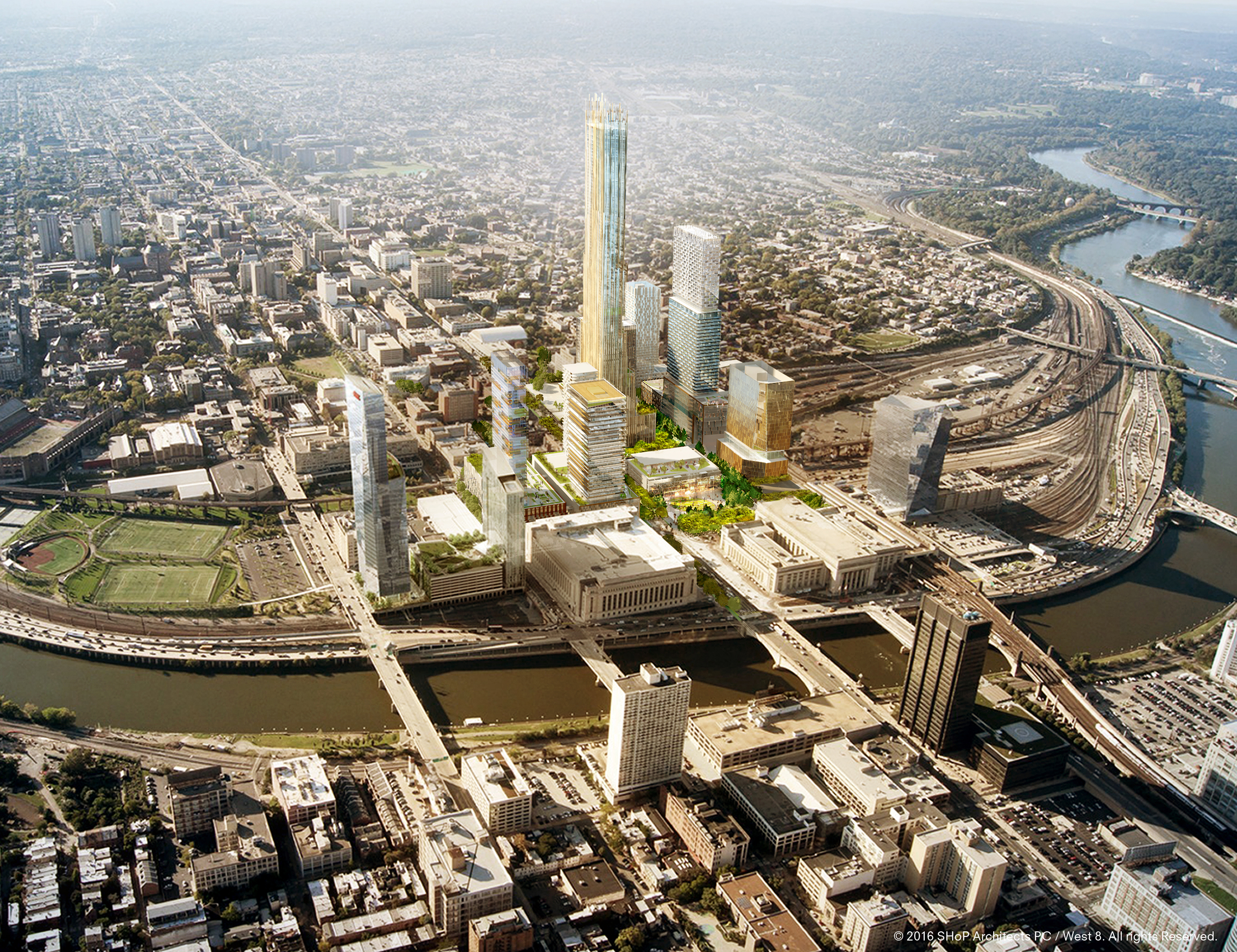 A rendering of Schuylkill Yards in Philadelphia, with multiple towers surrounding 30th St. Station.