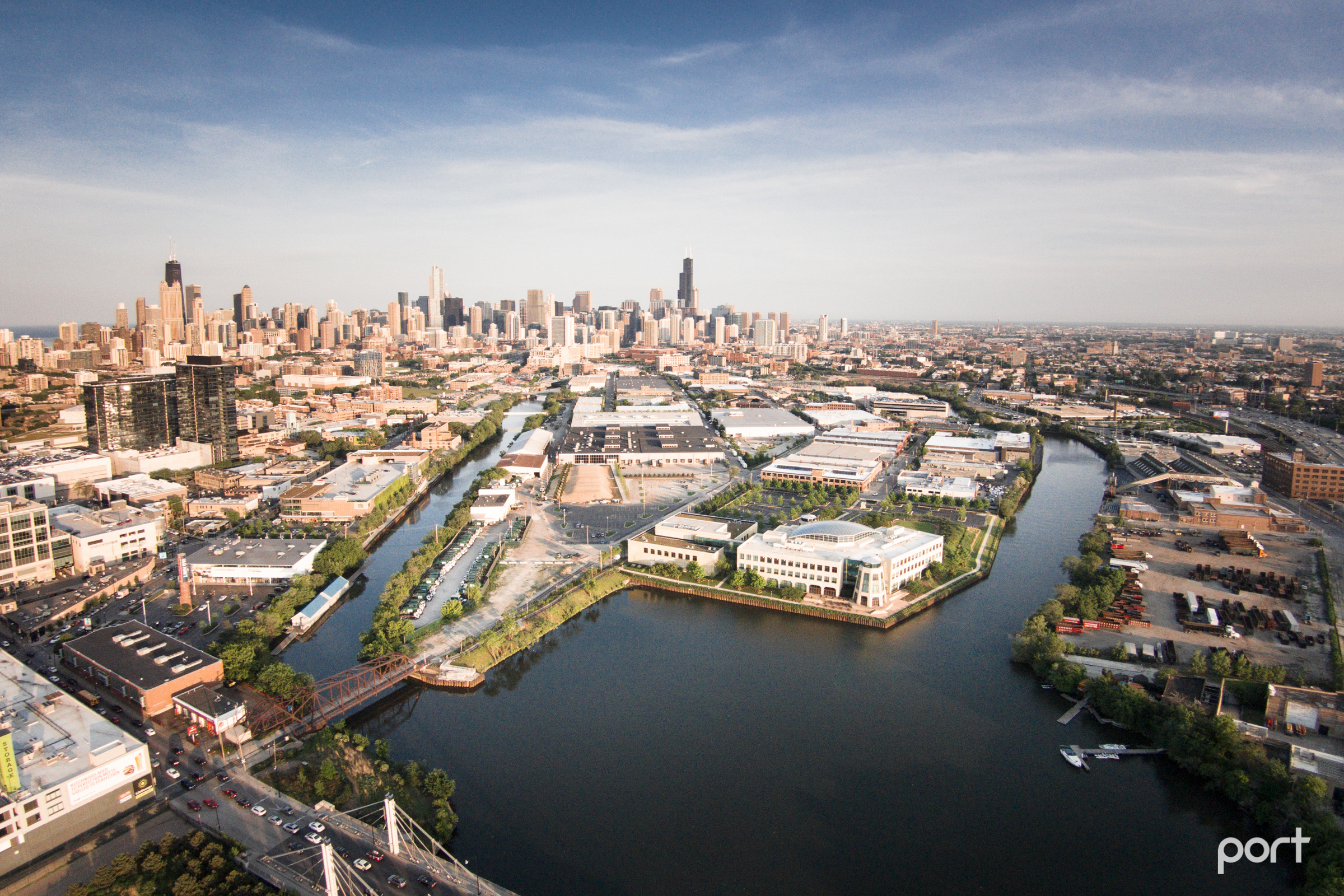 An aerial view of Goose Island
