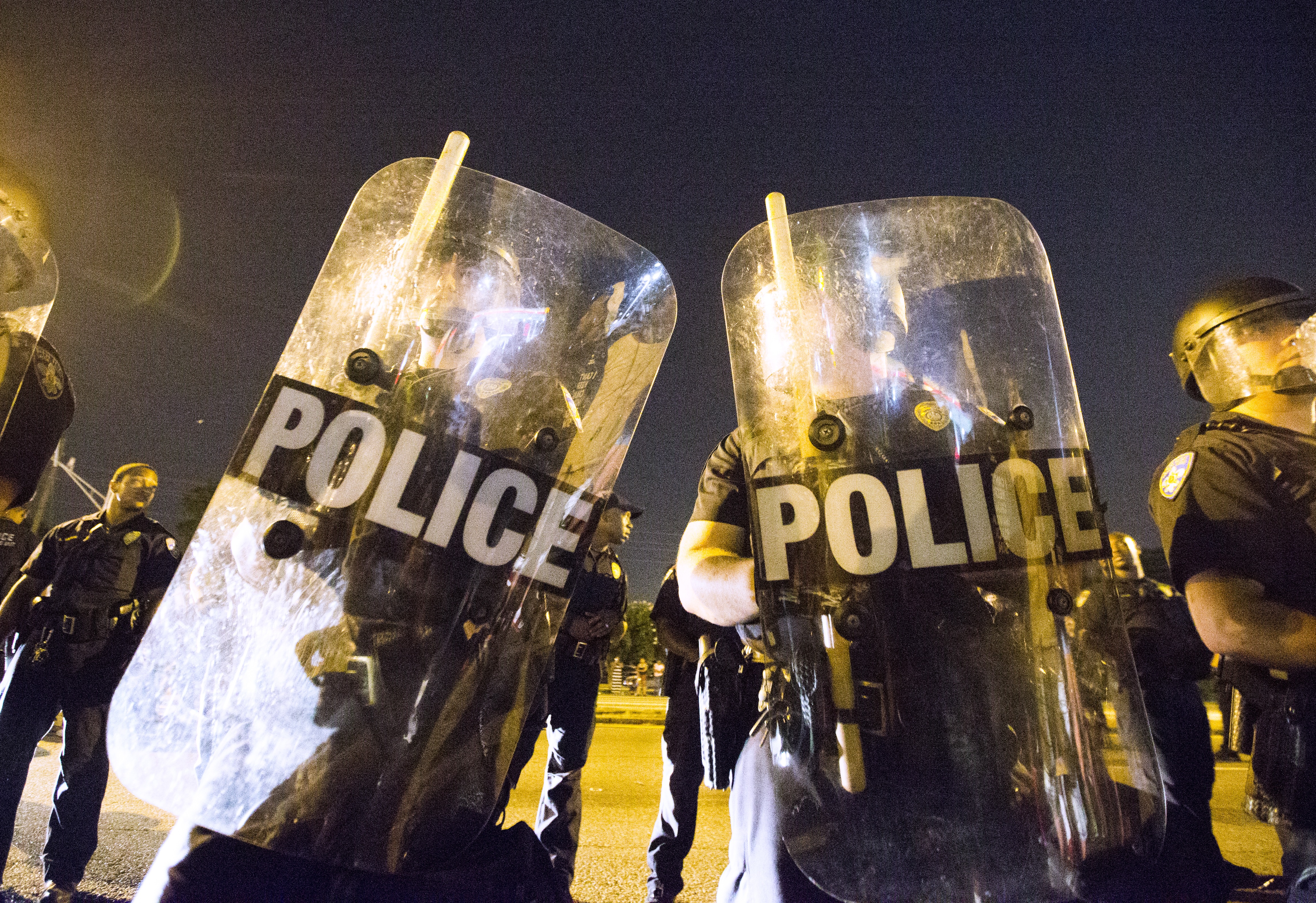 Baton Rouge police officers at a recent protest against police brutality