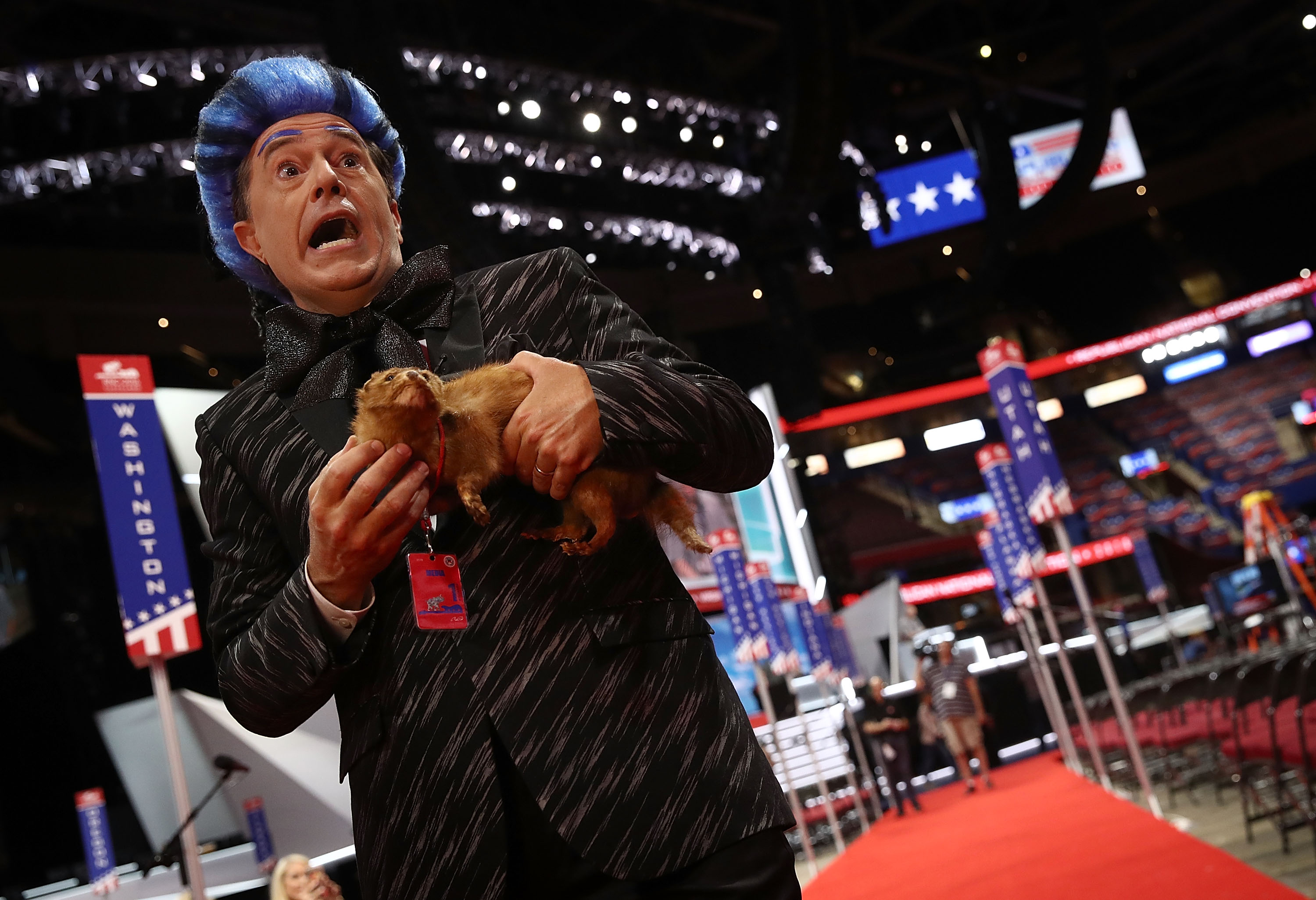 Comedian Stephen Colbert tapes a segment on the floor of the Republican National Convention for CBS's The Late Show with Stephen Colbert at the Quicken Loans Arena  July 17, 2016, in Cleveland, Ohio. 