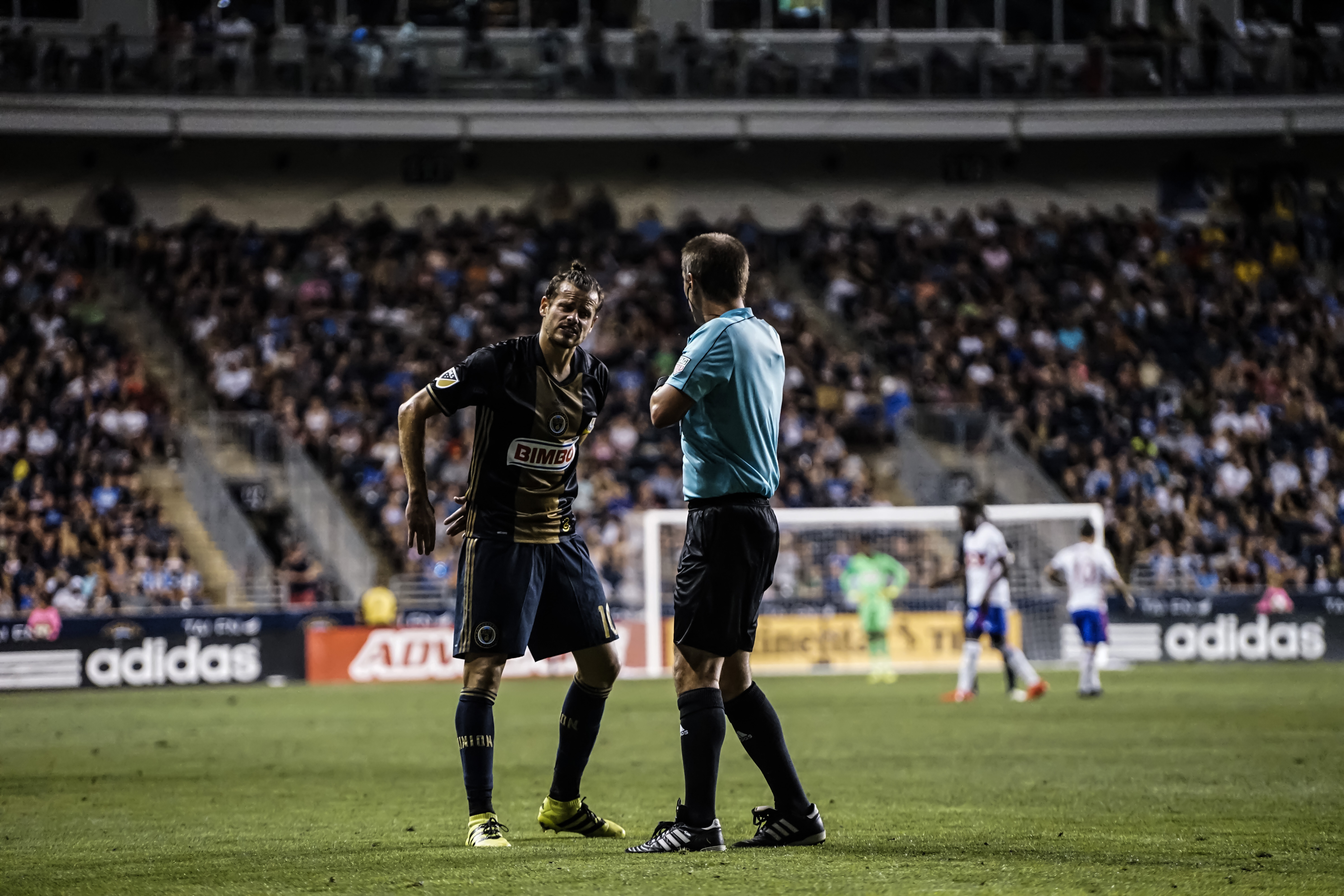 Tranquillo Barnetta argues a call with Mark Geiger during the Philadelphia Union’s match against Toronto FC.