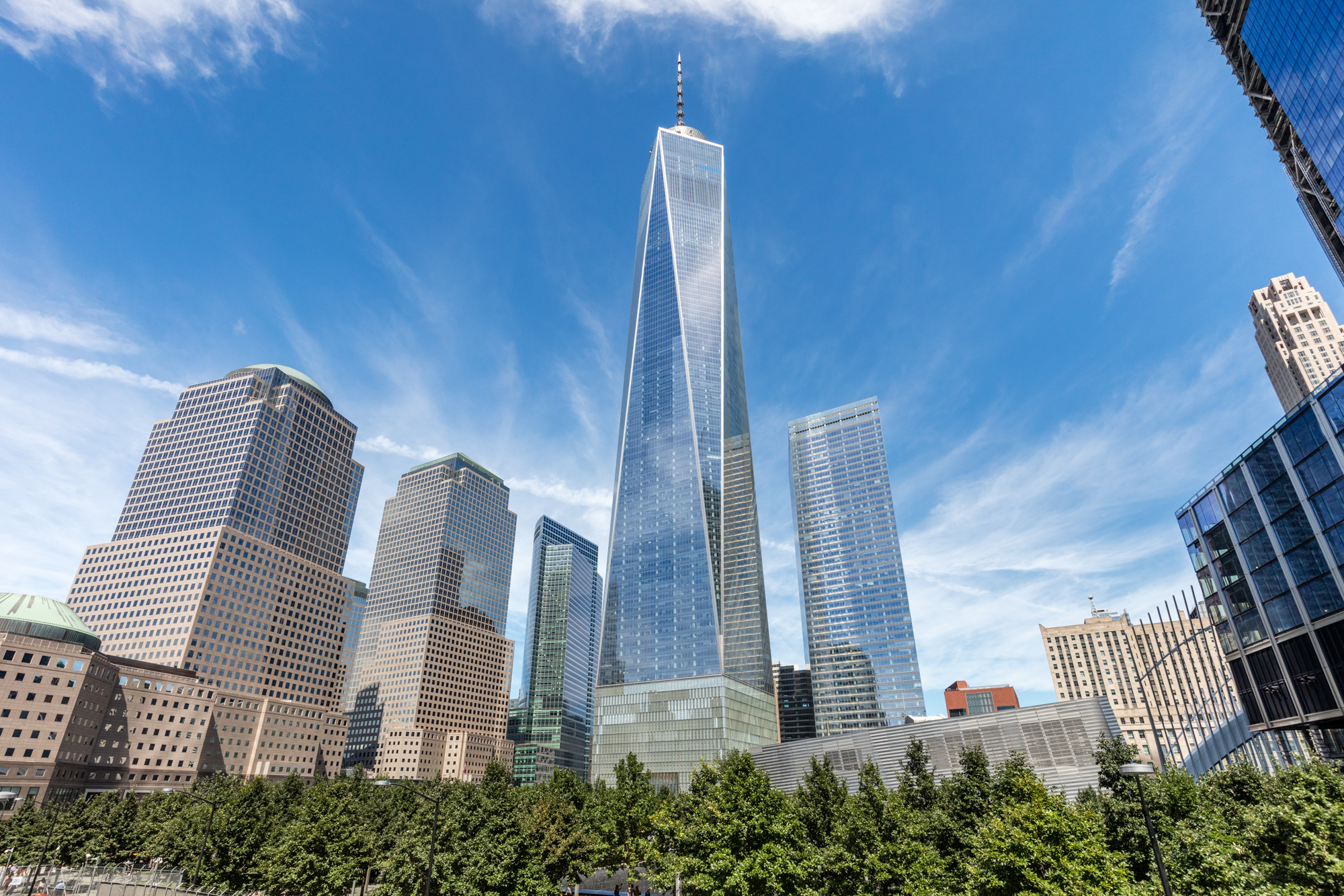 Large skyscrapers including One World Trade Center. In the foreground there is a row of trees.