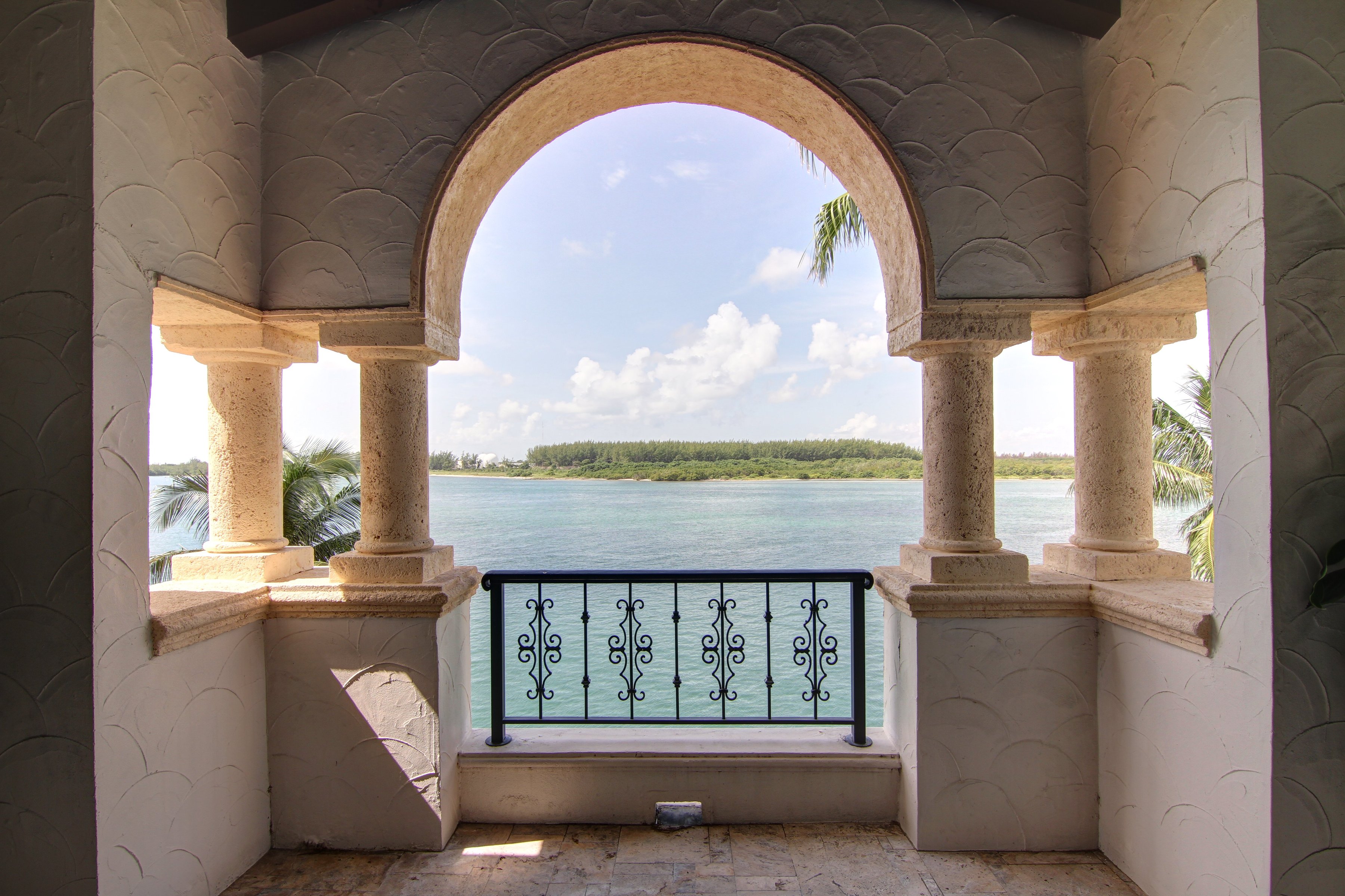 Bay view from a mediterranean style terrace on Fisher Island.