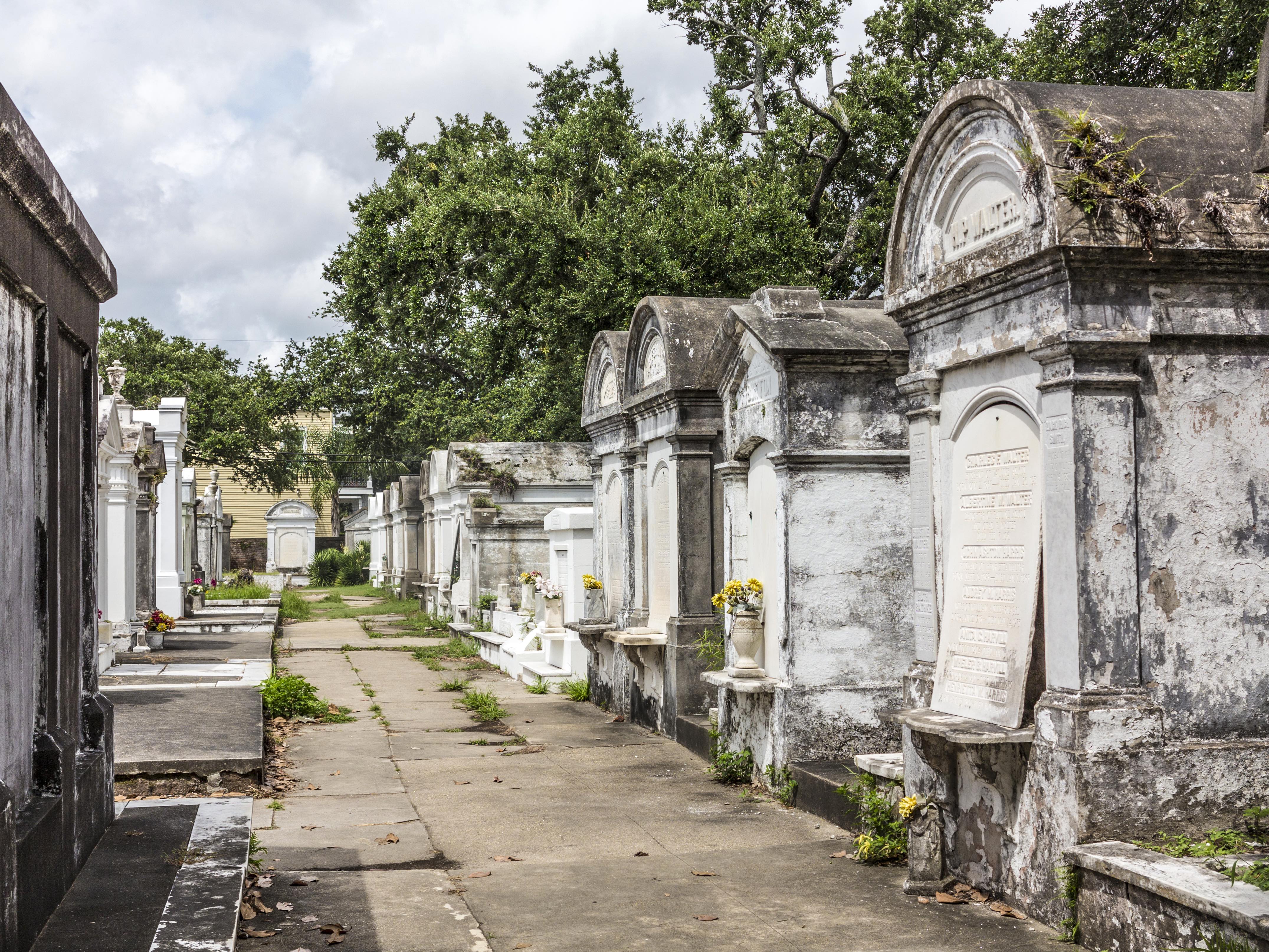 A New Orleans cemetery with above ground graves. The graves are decayed small buildings with arched roofs.