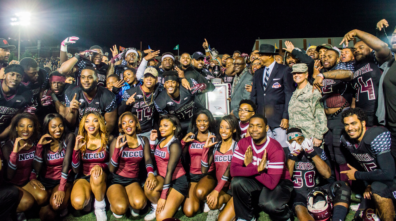 NCCU players and fans celebrate before their rivalry game with NC A&T.
