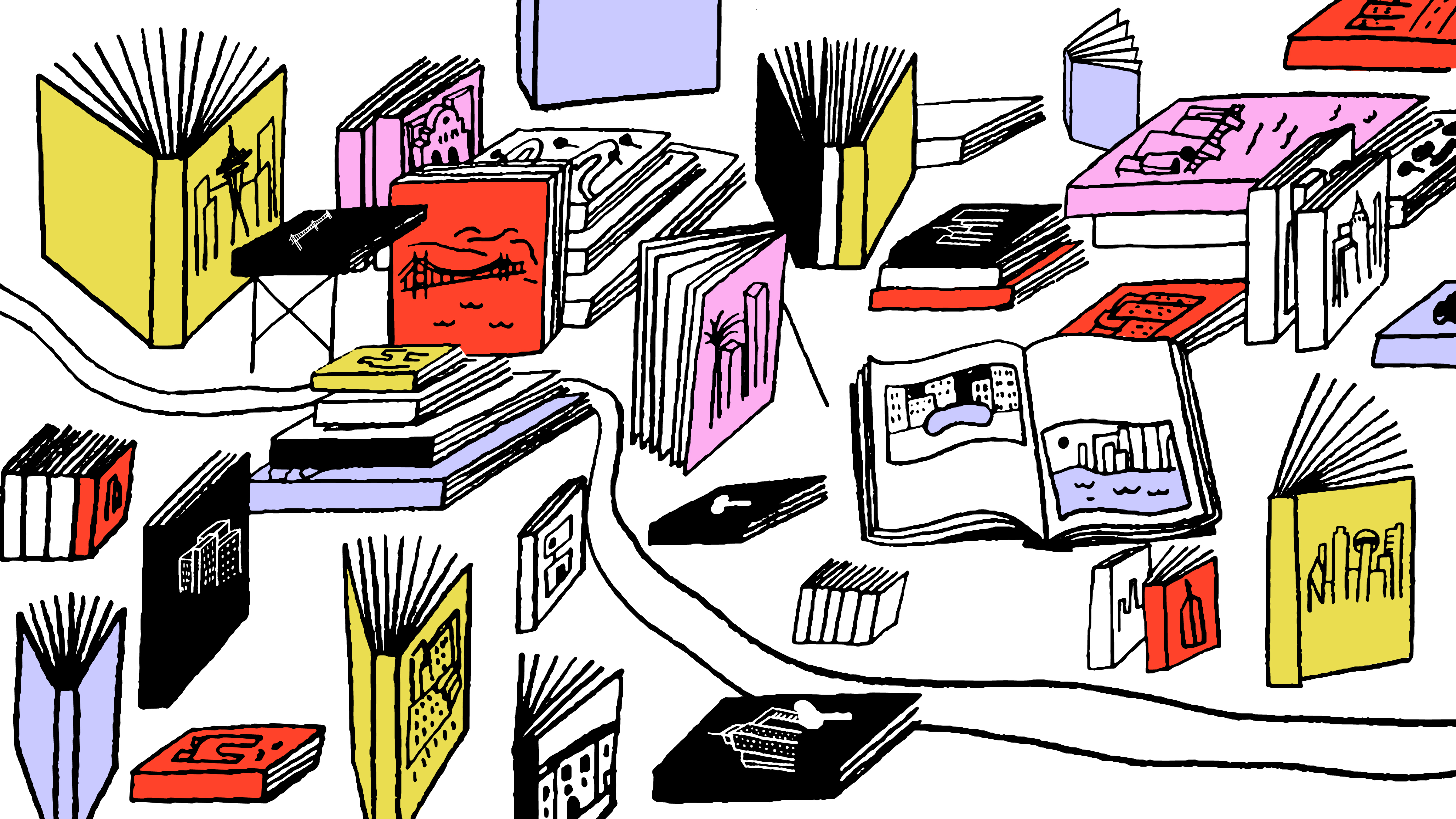 An illustration of many books that create a landscape. 