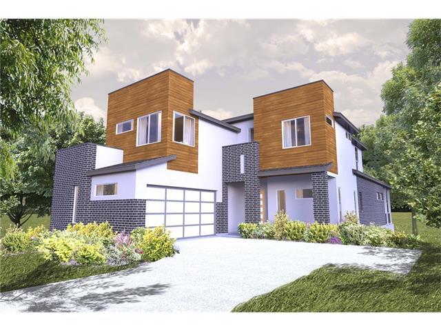 Rendering of big contemporary house with blocky wood upstairs and purple something downstairs