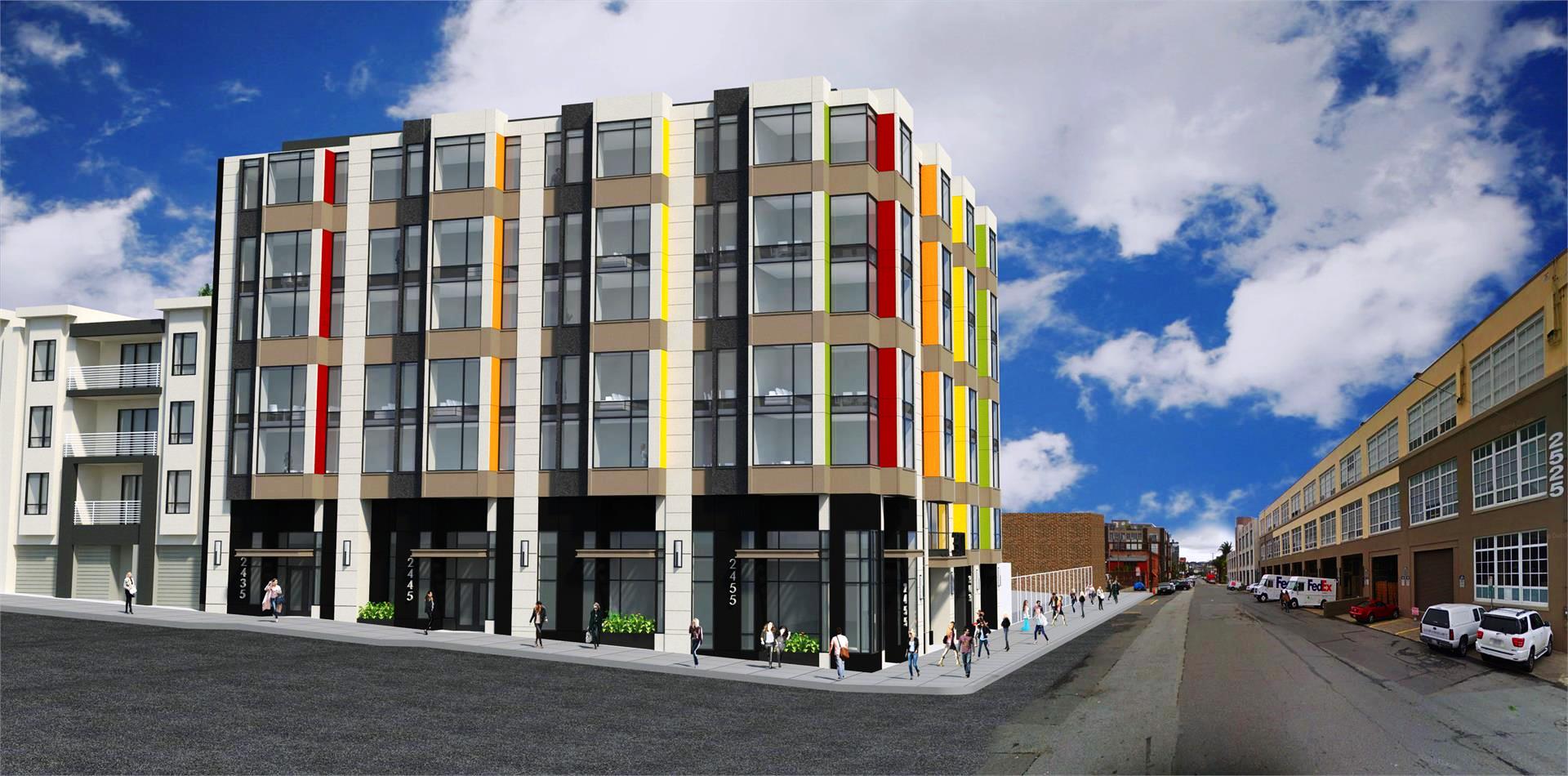 Rendering of the striped building proposed for 16th Street