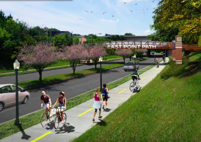 In renderings, a proposed multi-use path and pedestrian bridge connecting downtown East Point to Tri-Cities High School. 
