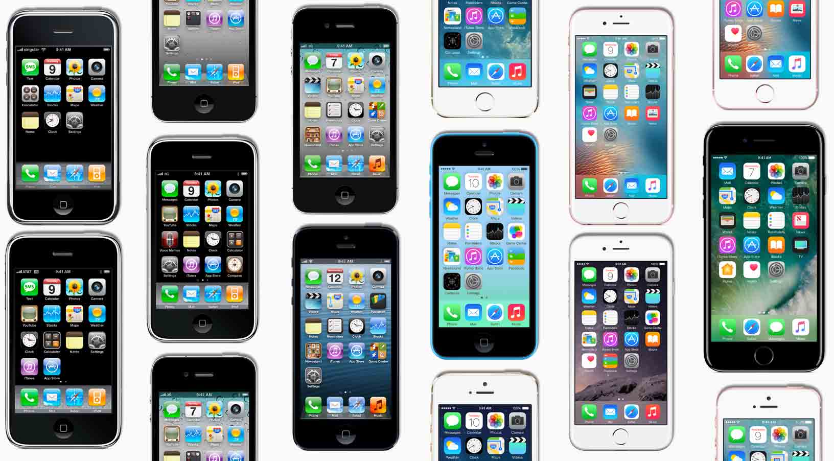 A mosaic of different iPhones from through its first decade.