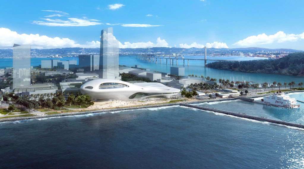 A rendering of the Lucas Museum, a swooping silver building, on Treasure Island