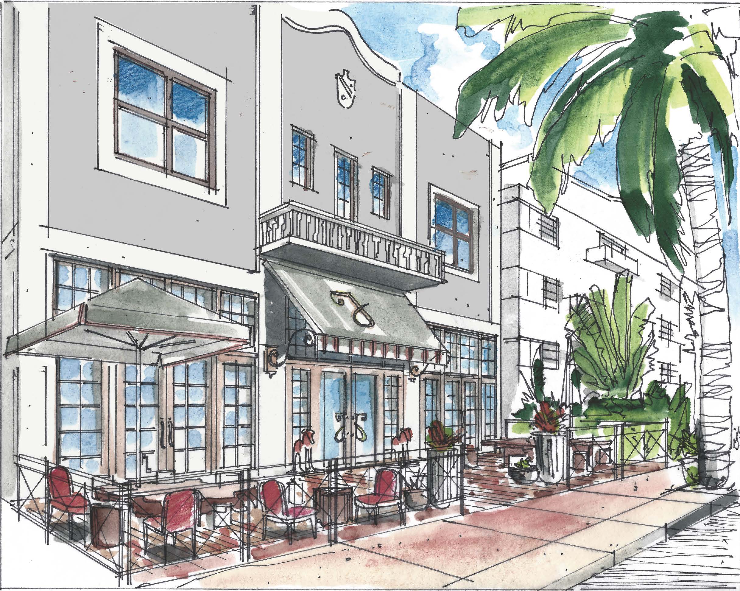 A traditional boutique hotel drawing in Miami Beach with a cafe out front