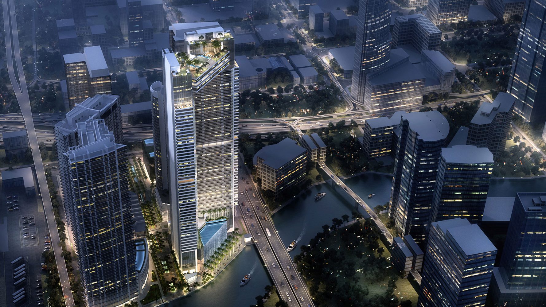 An aerial rendering of a waterfront development along the Miami River