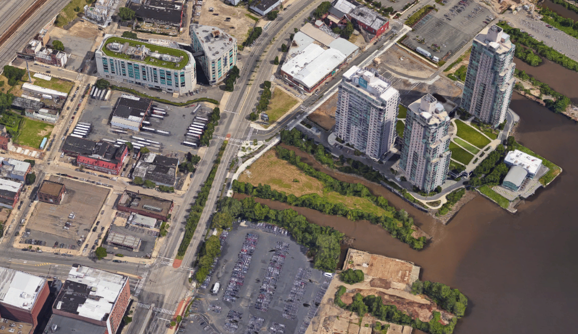 An aerial view of the Delaware River waterfront.