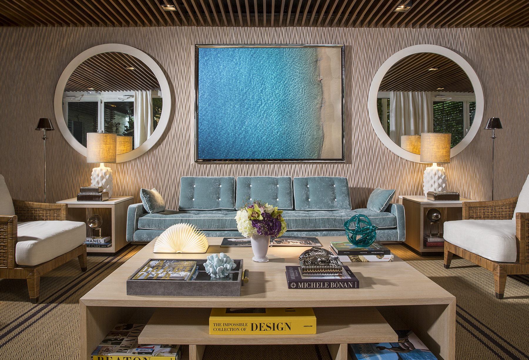 Inside a modern and sophisticated living room at a new development in sunny isles