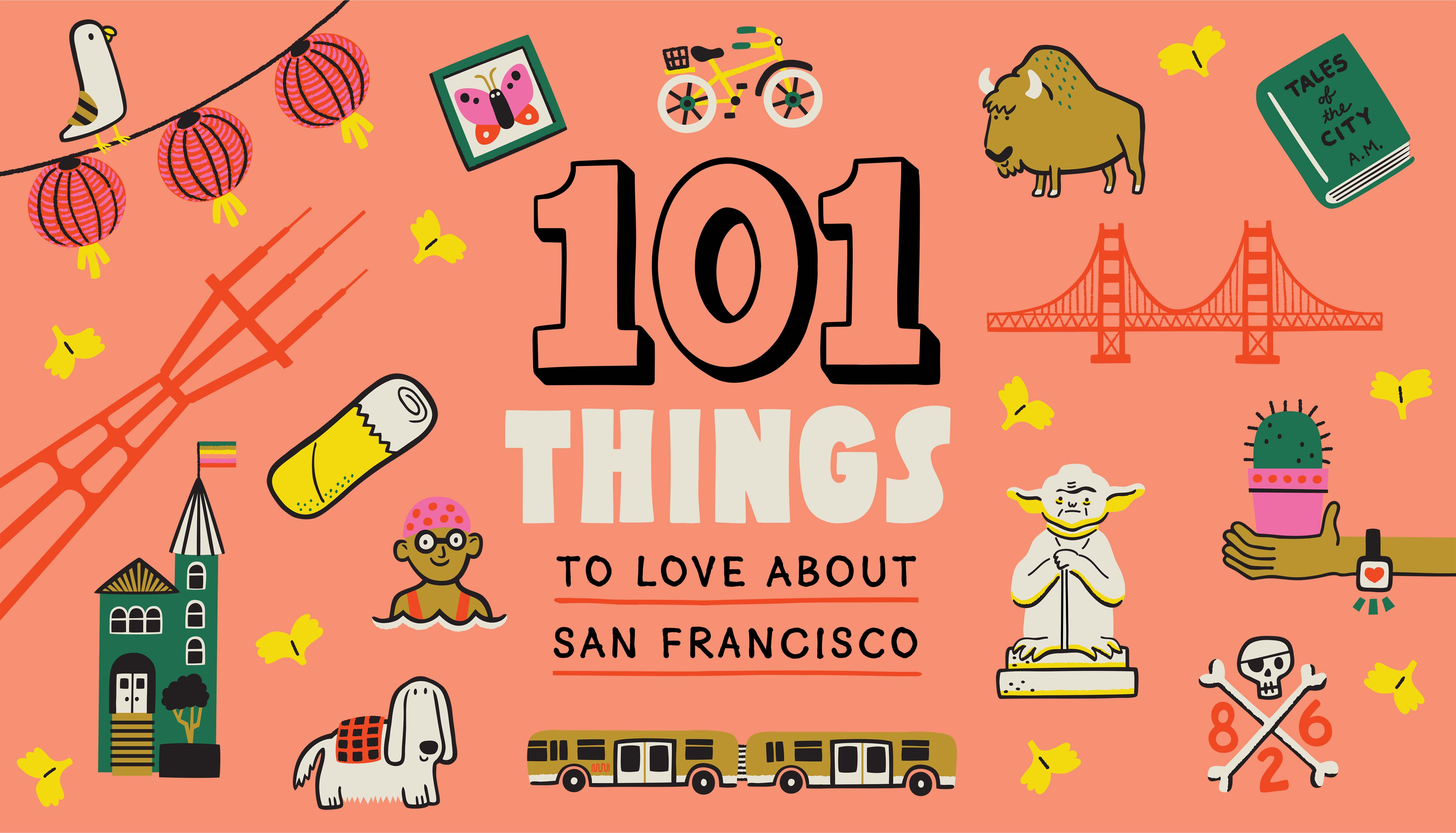 An illustrated pattern of notable San Fransisco landmarks including the Sutro Tower, paper lanterns, a Yoda statue, a bus, and the Golden Gate Bridge.