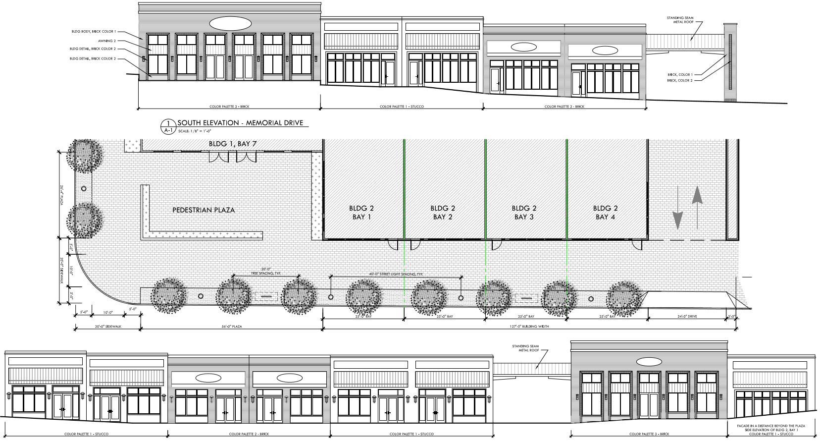 Elevations of single-story brick commercial buildings which look like older storefronts.