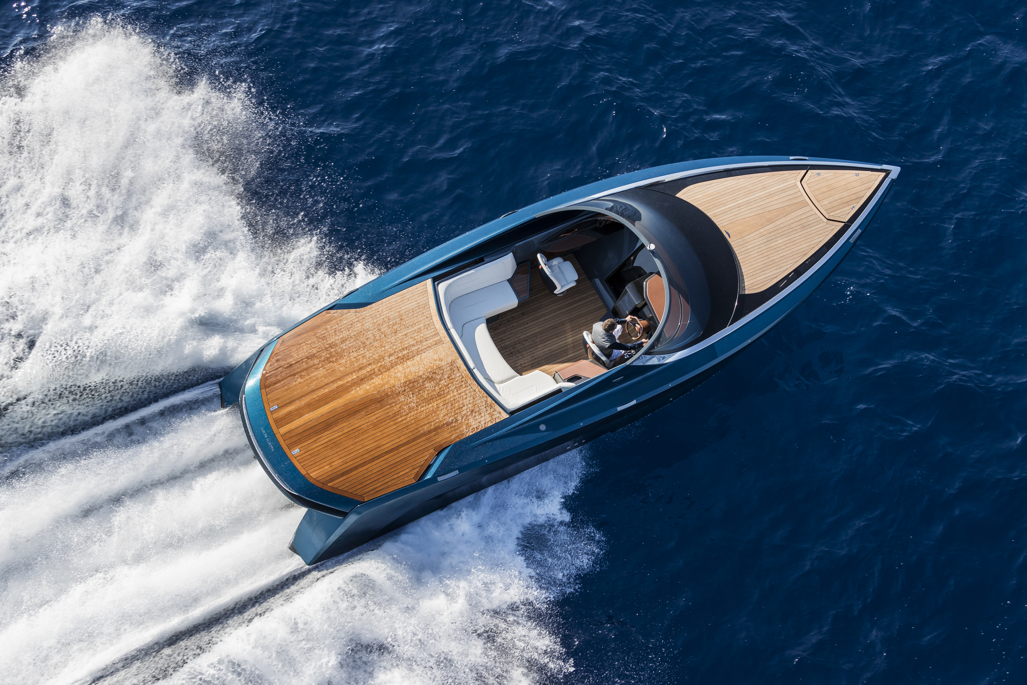 The prototype Aston Martin AM37 powerboat, taken from the air