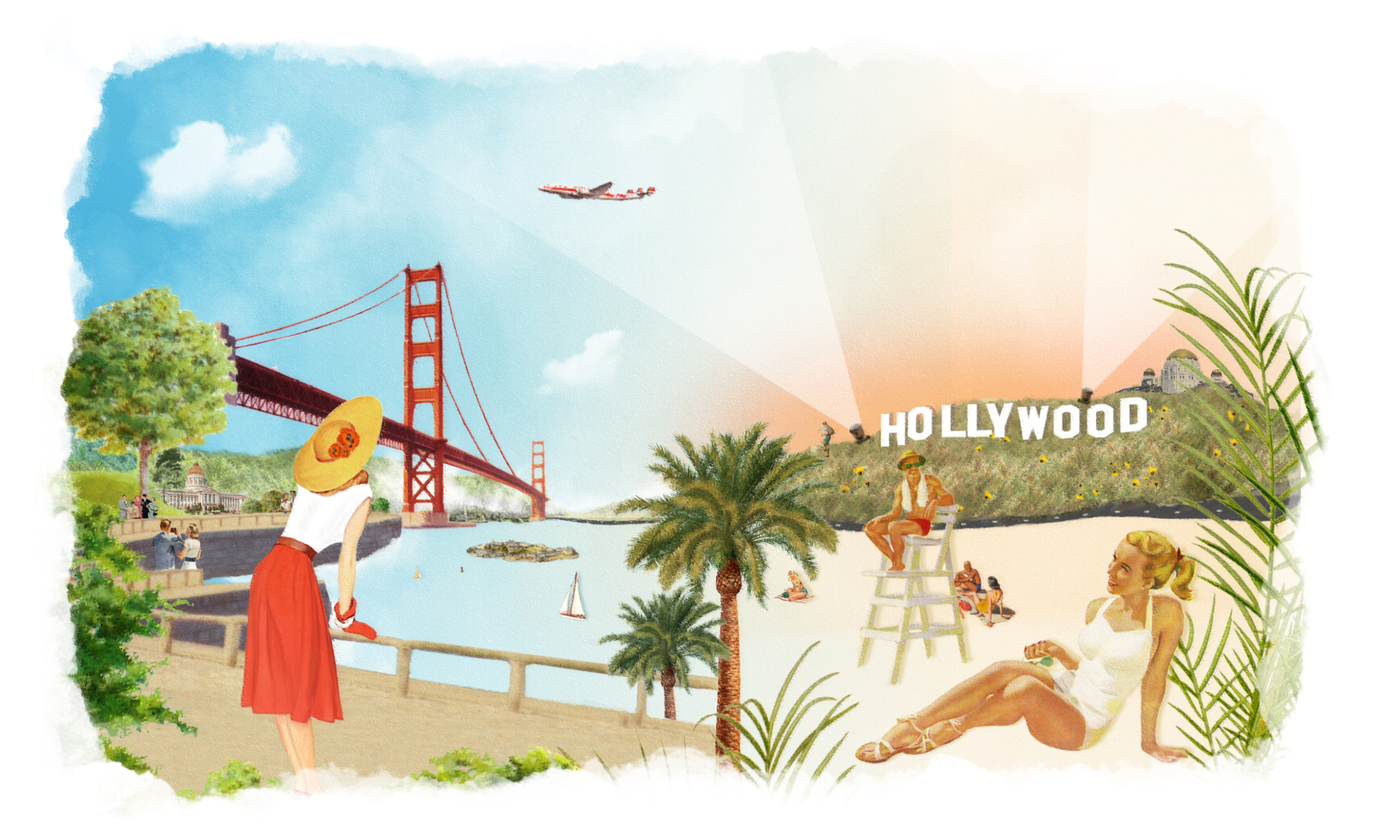 Illustration collage with images of San Francisco and Los Angeles