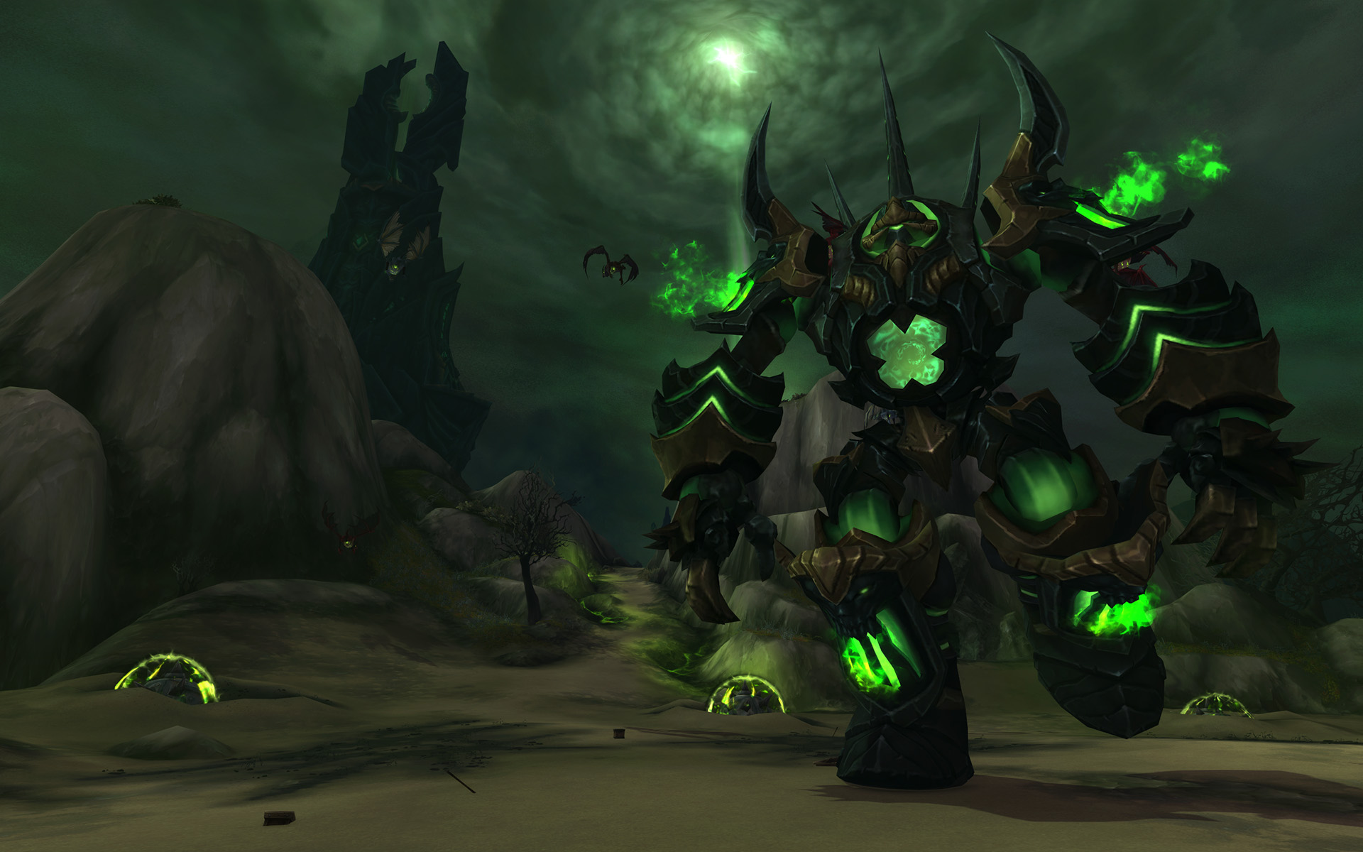 A screenshot from Patch 7.2 of World of Warcraft's Legion expansion pack, wherein a giant demonic robot sparking green fire walks across a desolate landscape. Behind the creature is a twisted tower, sickly green skies and a small bat-like demon.