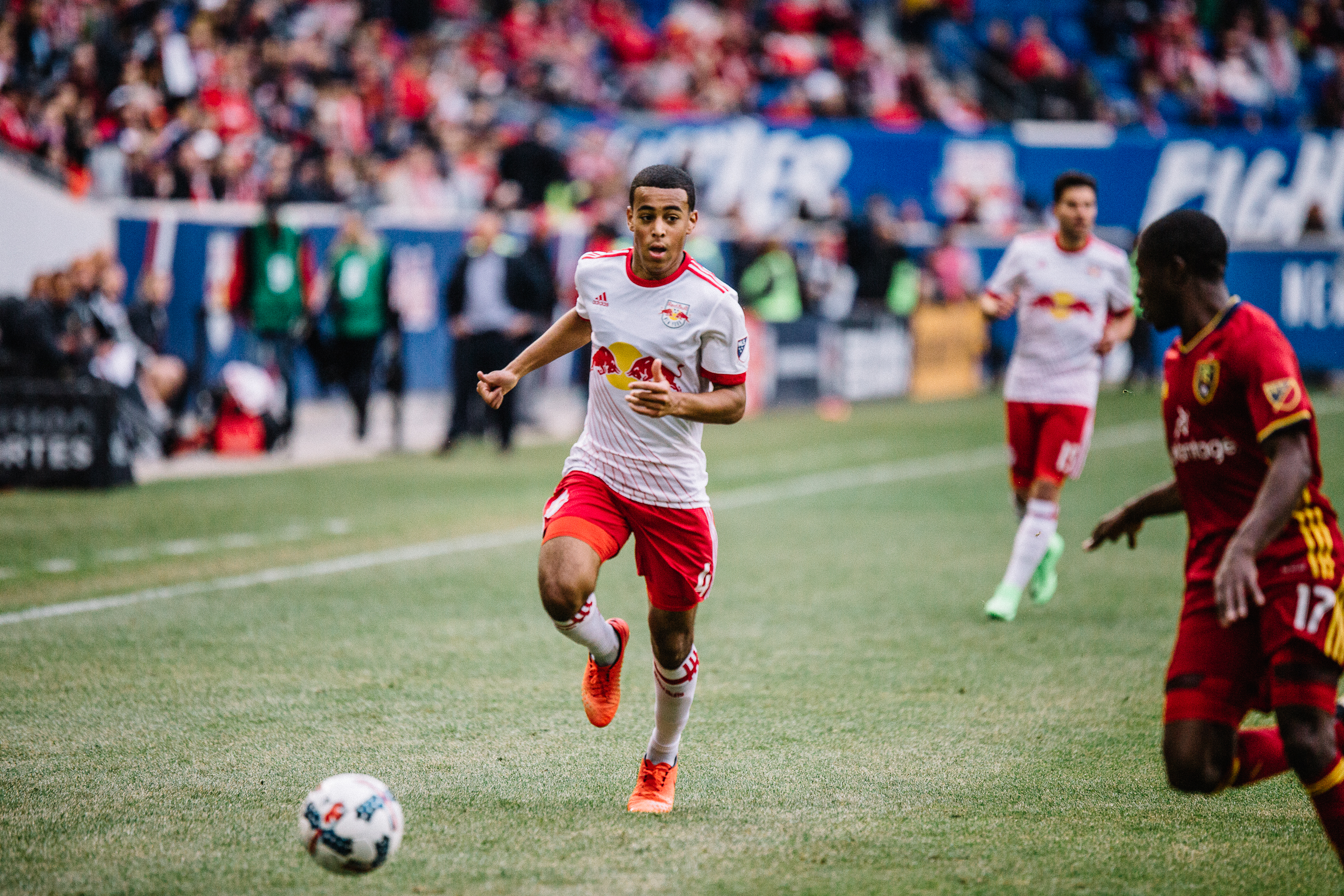 New York Red Bulls’ Tyler Adams playing against Real Salt Lake at Red Bull Arena; March 25, 2017