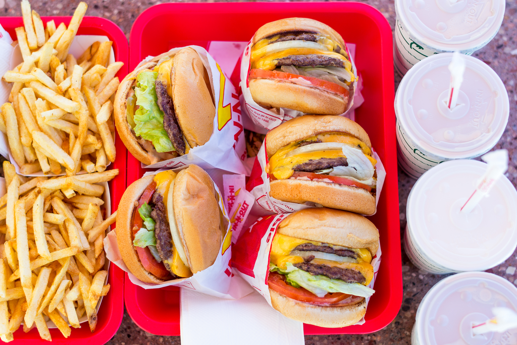 Burgers, fries, and drinks from In-N-Out Burger.