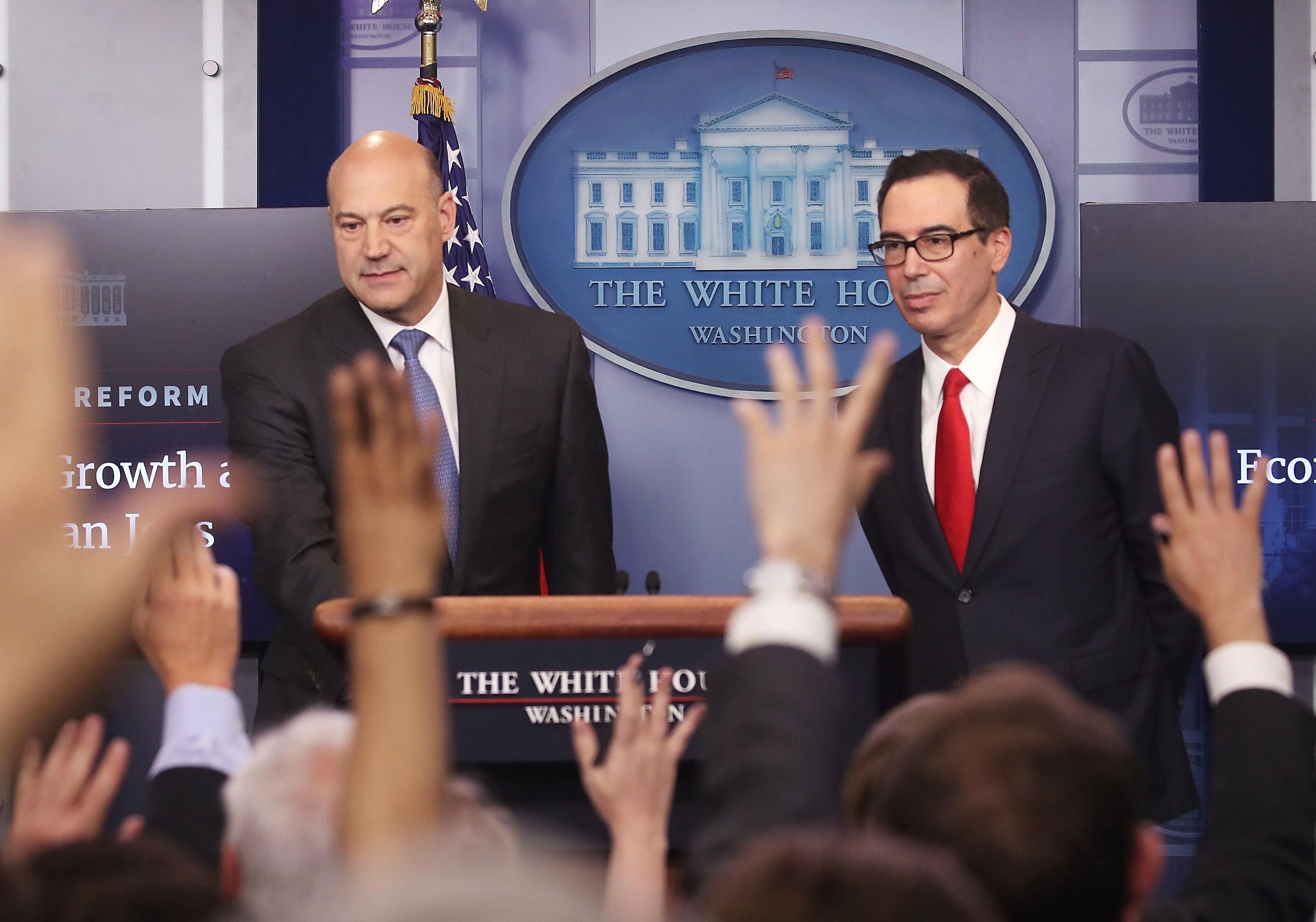 Treasury Secretary Steven Mnuchin And National Economic Director Gary Cohn Brief The Media At The White House