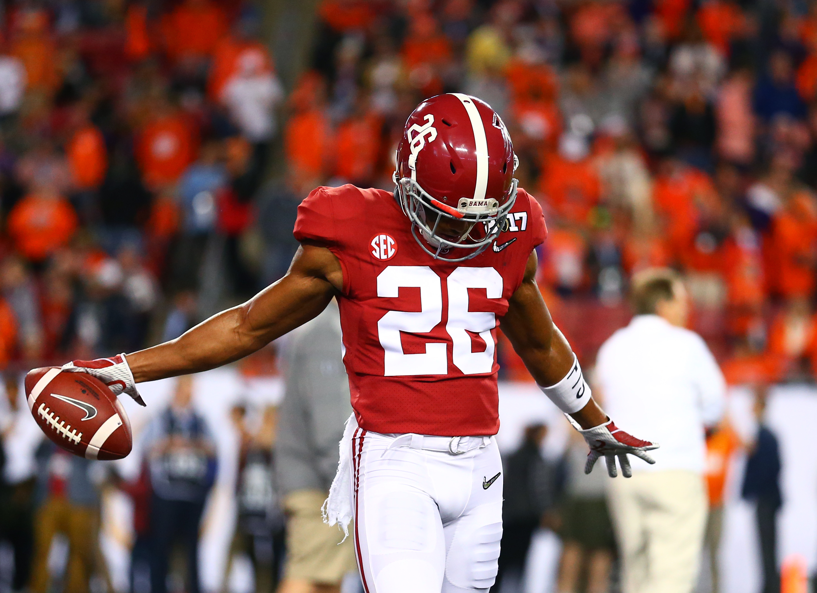 TAMPA, FL - Alabama Crimson Tide defensive back Marlon Humphrey (26) takes a breather between plays during the 2017 College Football Playoff National Championship Game against the Clemson Tigers at Raymond James Stadium.