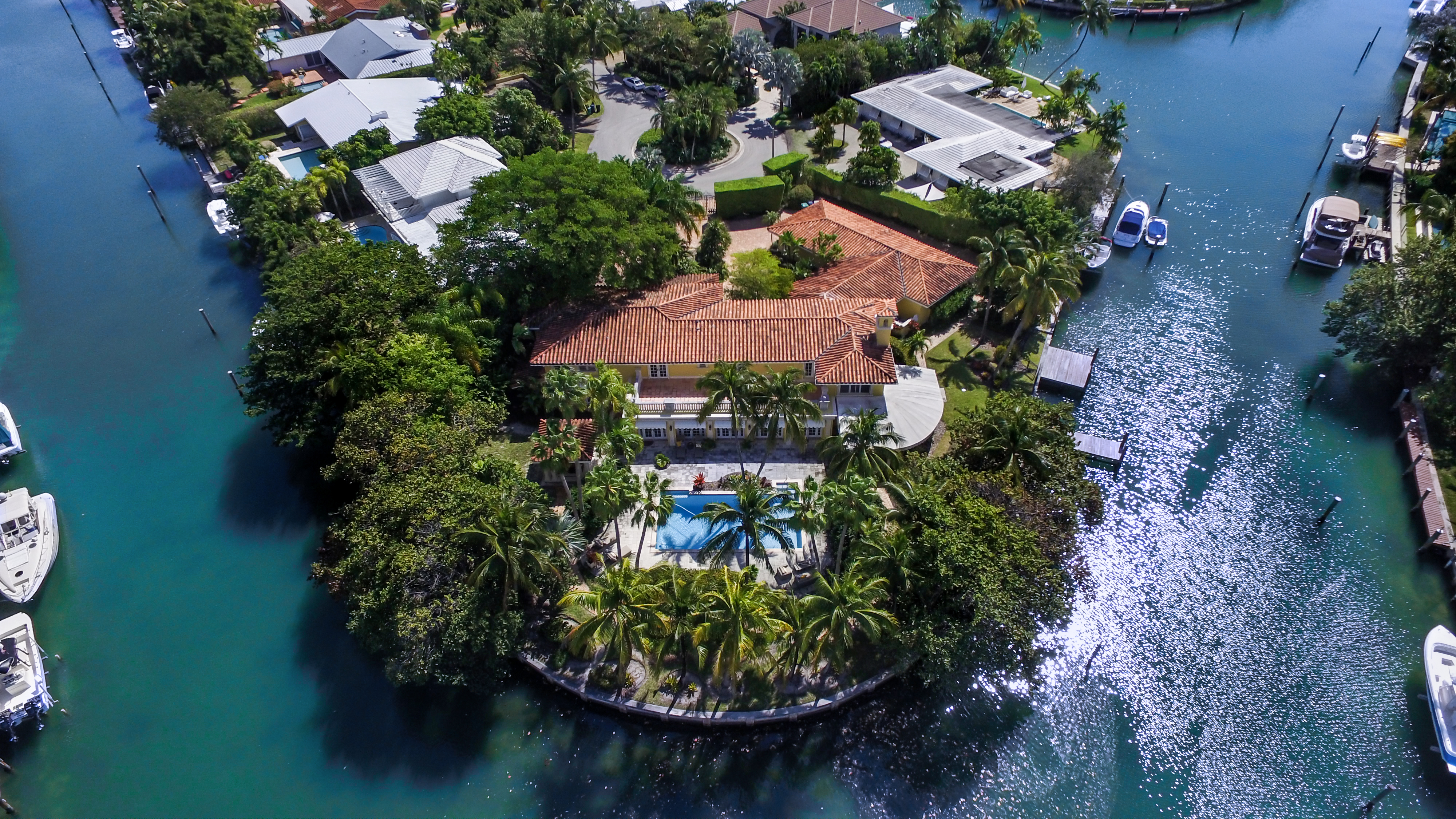 An aerial of a waterfront home in Key Biscayne