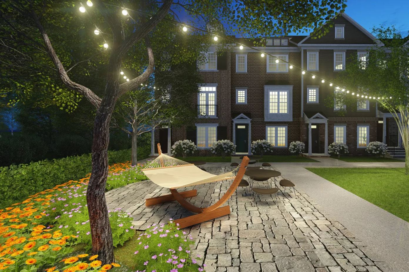 A rudimentry rendering of townhomes with a hammock and large patio.