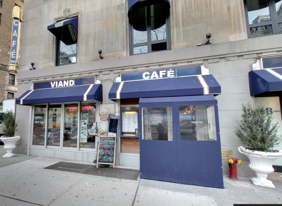 Viand Cafe, a gray awning and white facade.