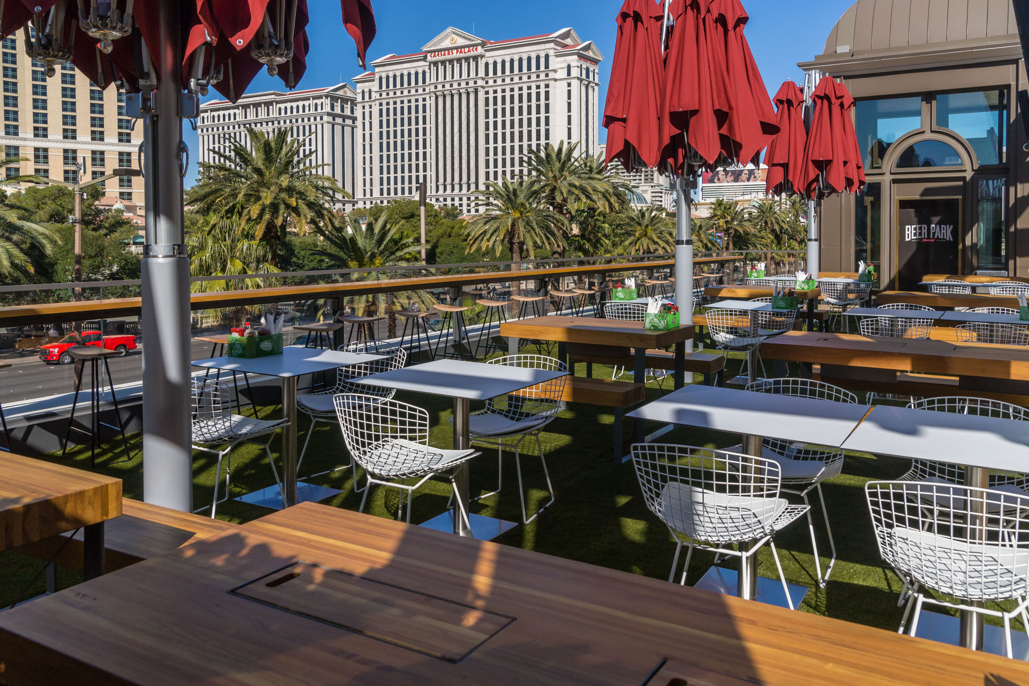An outdoor bar overlooking the Las Vegas Strip.