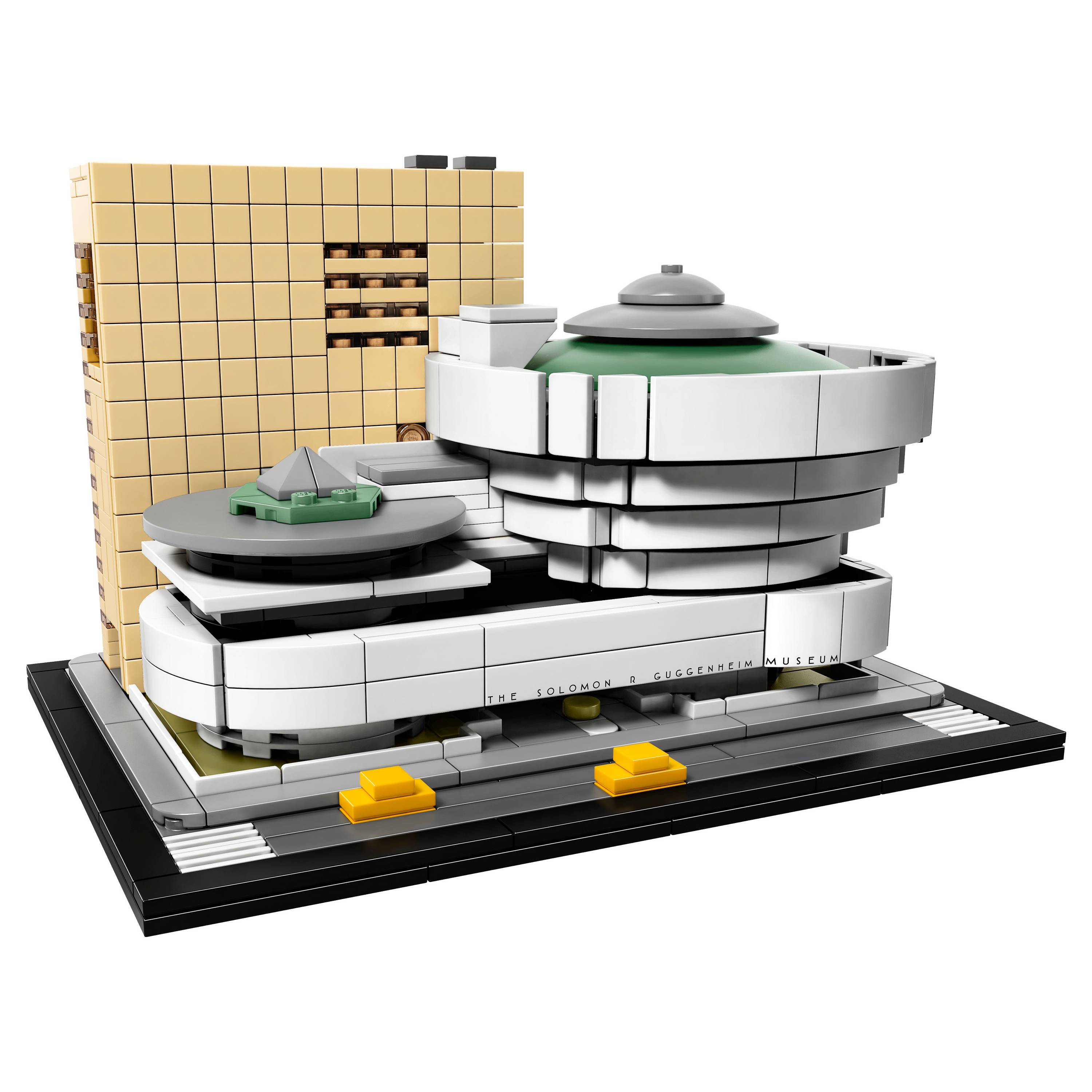 Shot of miniature model of museum with rotunda structure and adjoining tower made with plastic interlocking bricks. 