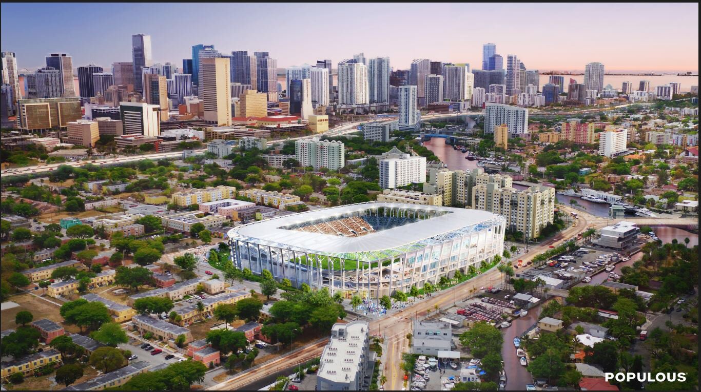 A rendering of David Beckham’s MLS Miami stadium concept in Overtown