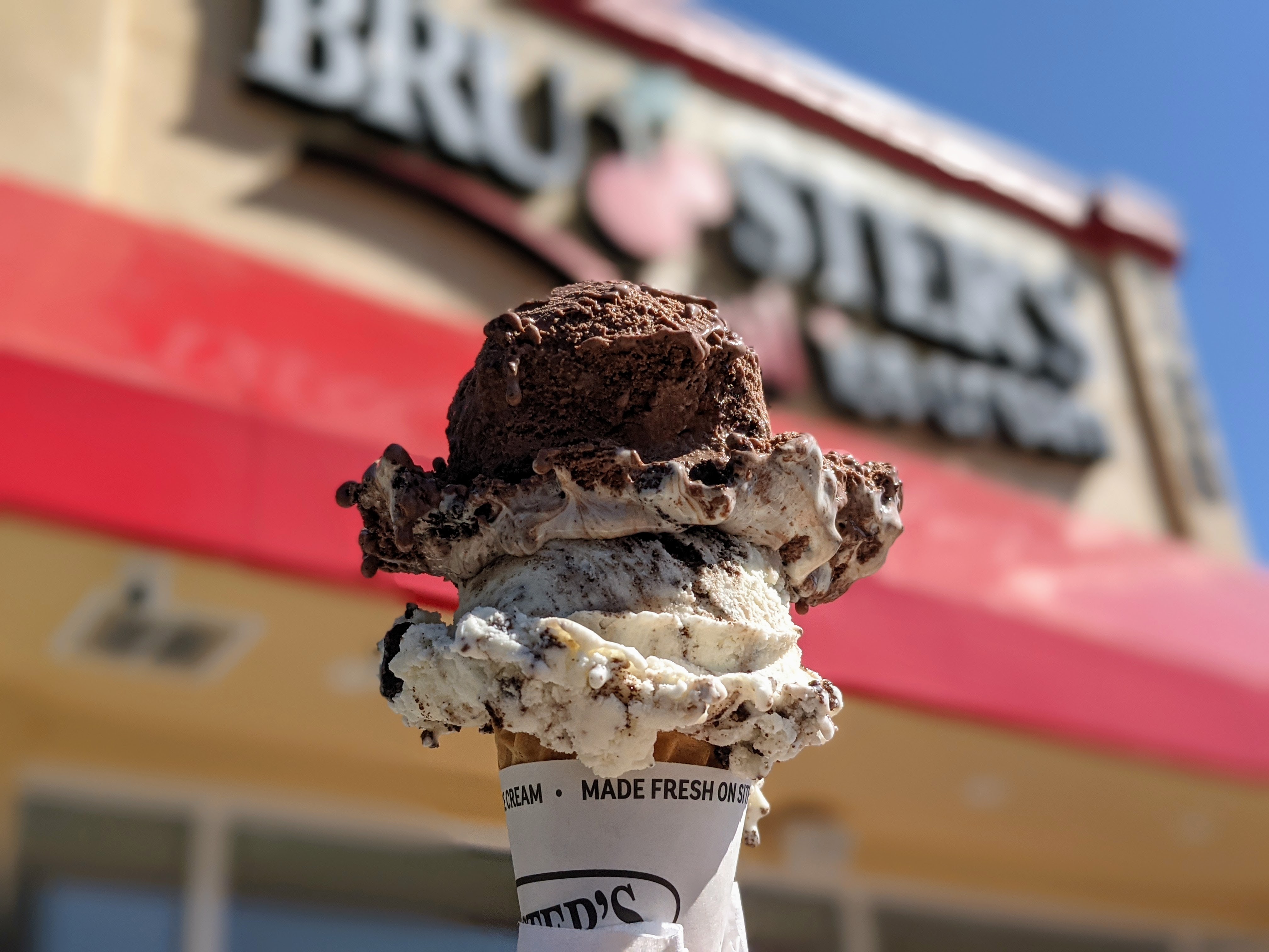Ice cream cone with two scoops from Bruster’s Ice Cream in Los Angeles.