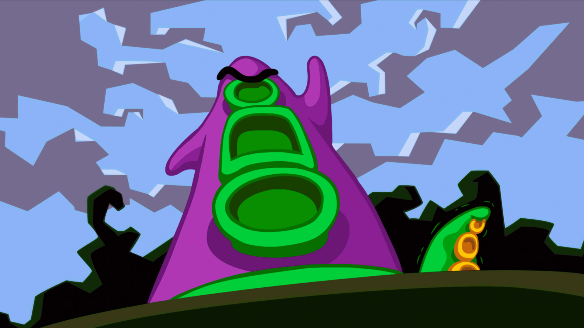 Day of the Tentacle Remastered— an angry anthropomorphic tentacle raises its fist to the sky