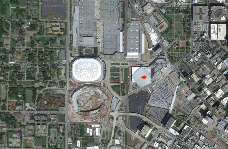 Philips Arena (marked with arrowed) surrounded by parking and the sunken gash that is The Gulch. 