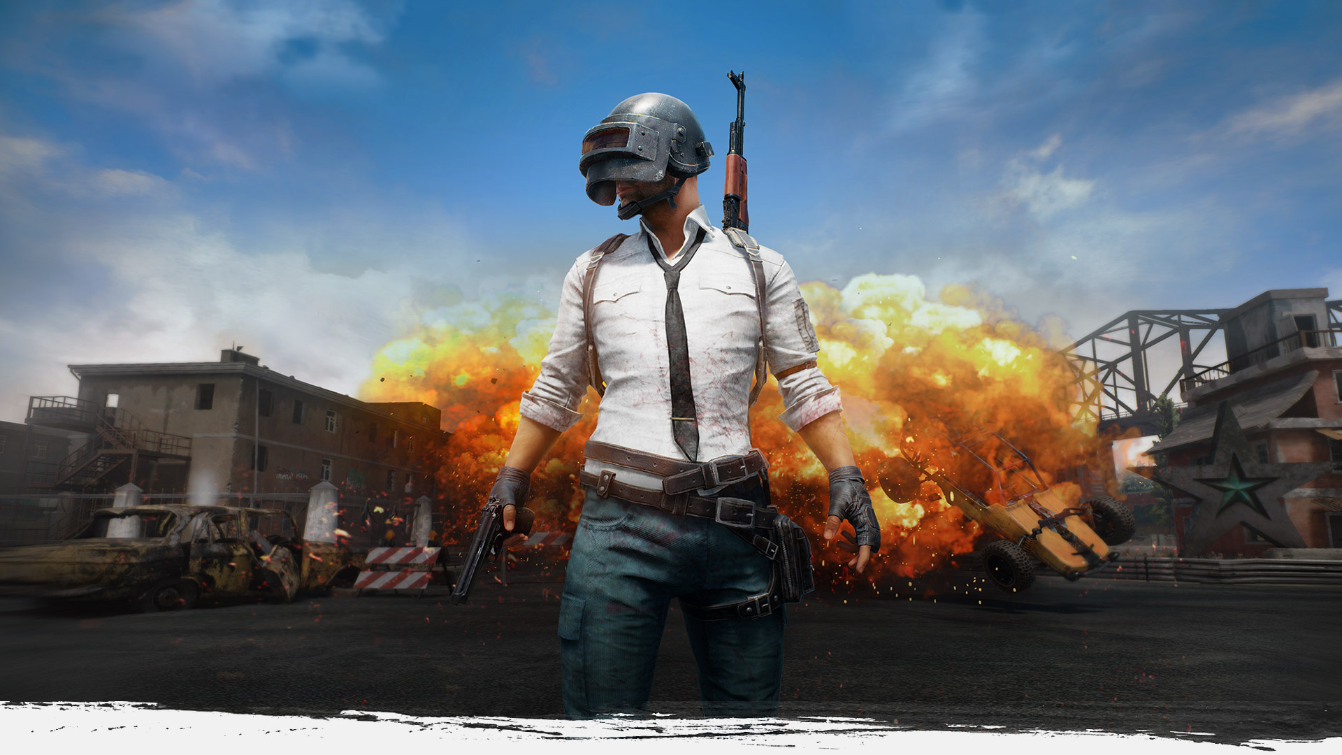 PlayerUnknown’s Battlegrounds - art of man in helmet standing in front of an explosion