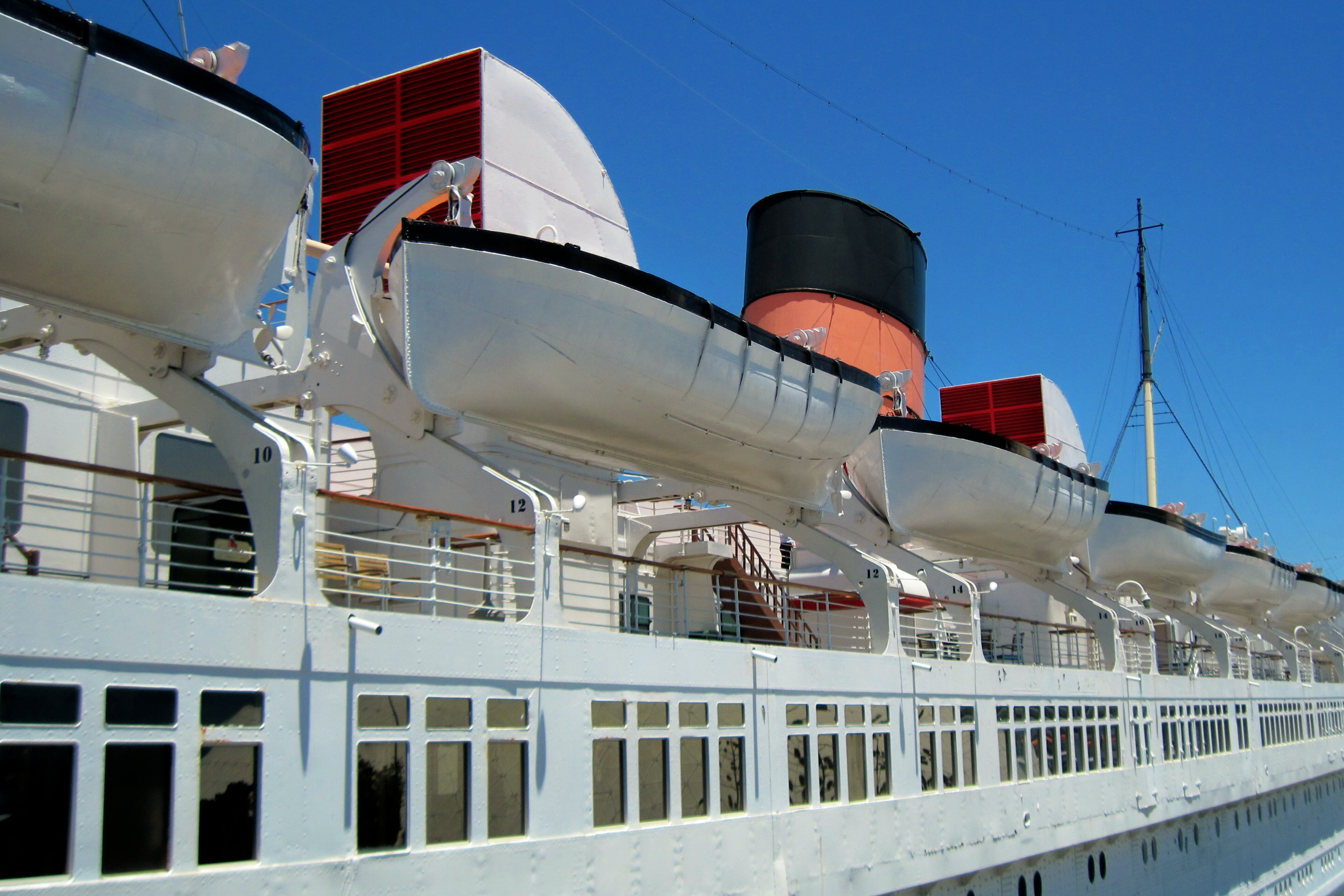 Queen Mary lifeboats and smoke stacks