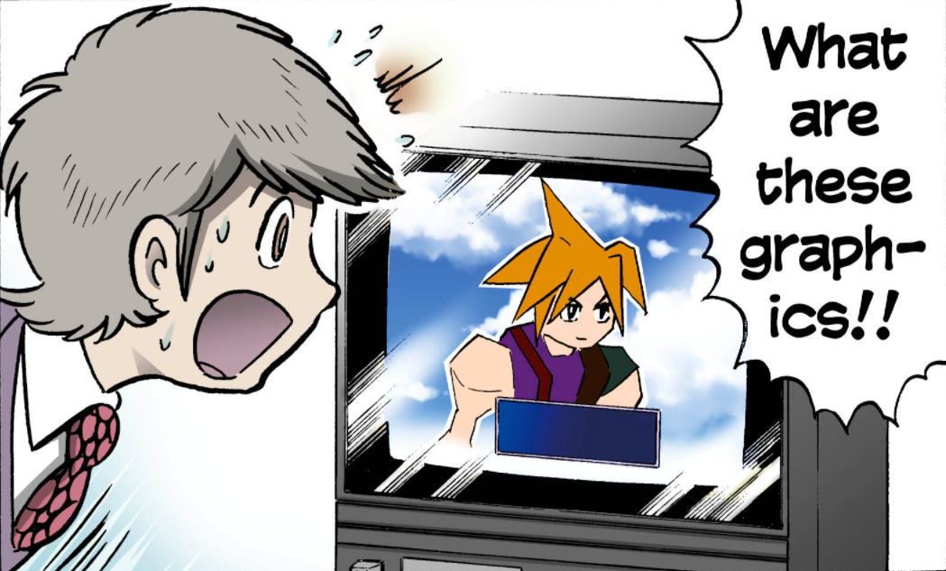 Manga— a grey haired man gapes at a television screen showing Cloud Strife in Final Fantasy 7. He says “What are these graphics!!”