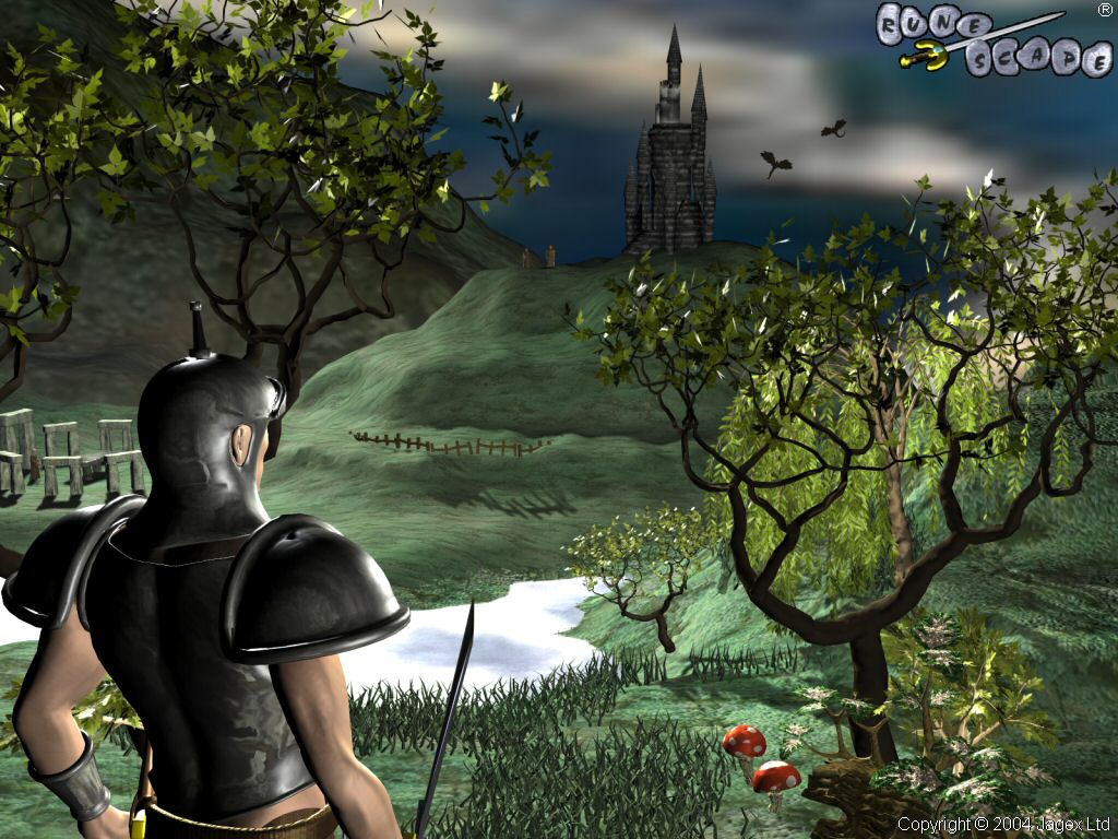 A low-poly CG warrior gazes across a meadow at a haunted castle