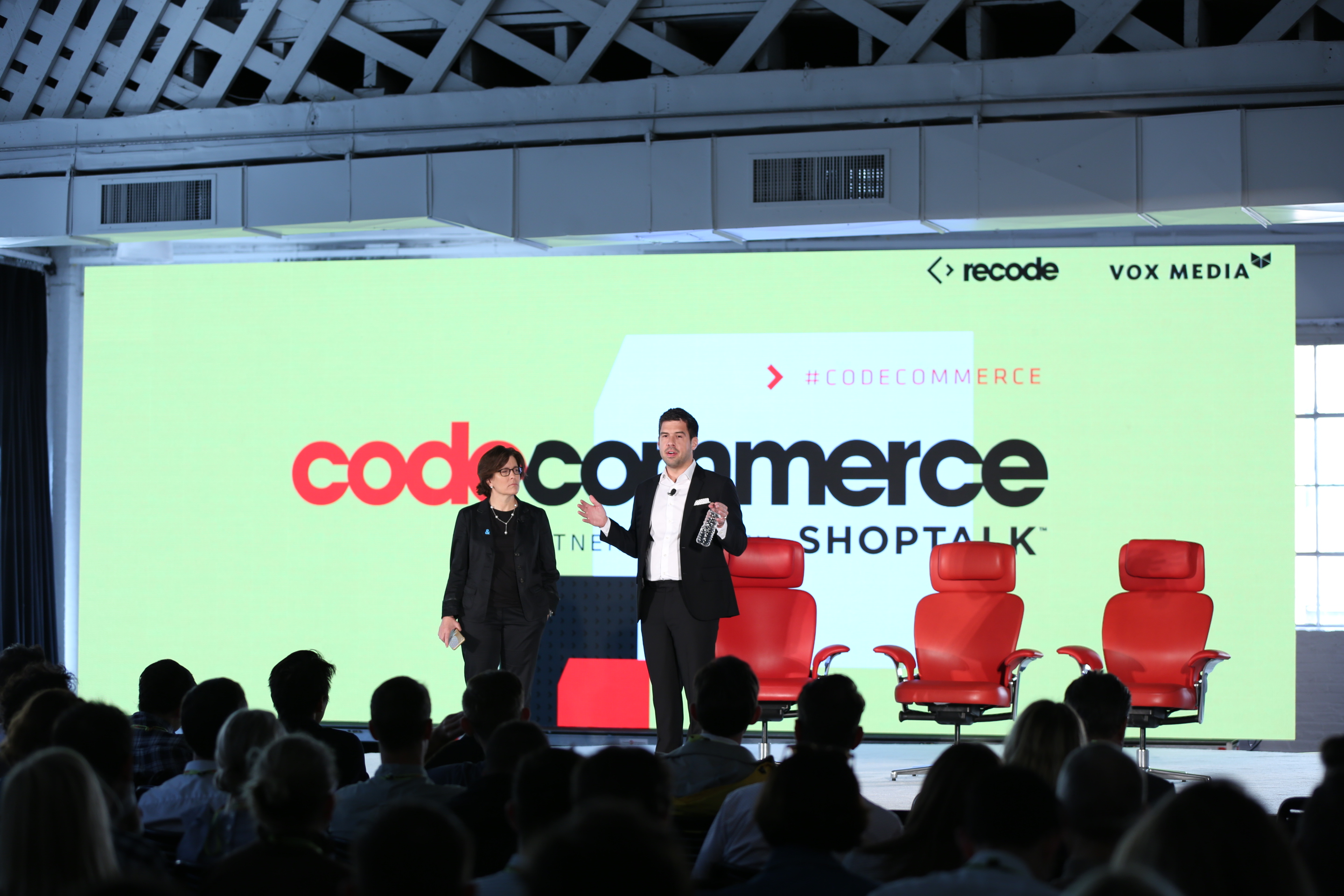 Kara Swisher and Jason Del Rey onstage at Code Commerce