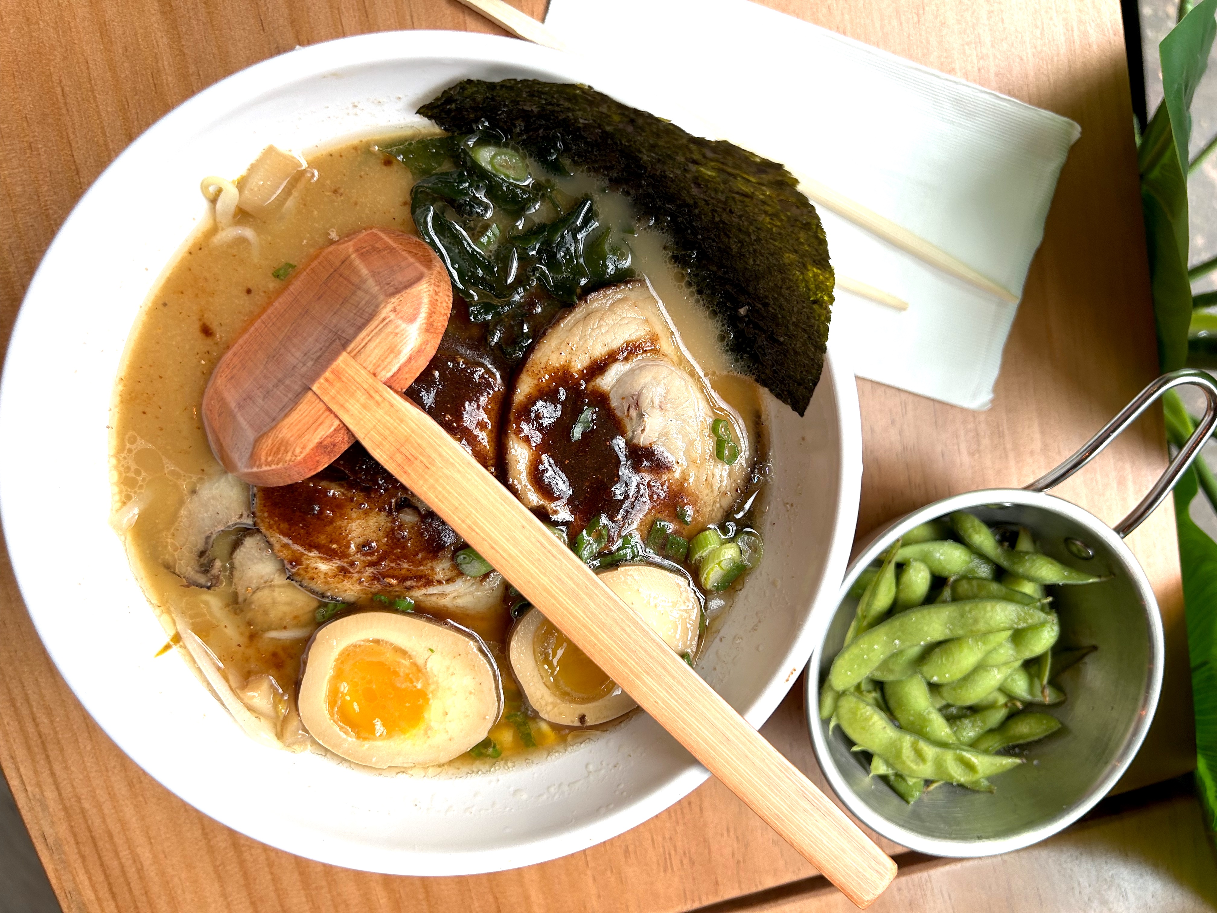 A bowl of black garlic tonkotsu at Ikimono Ramen. 