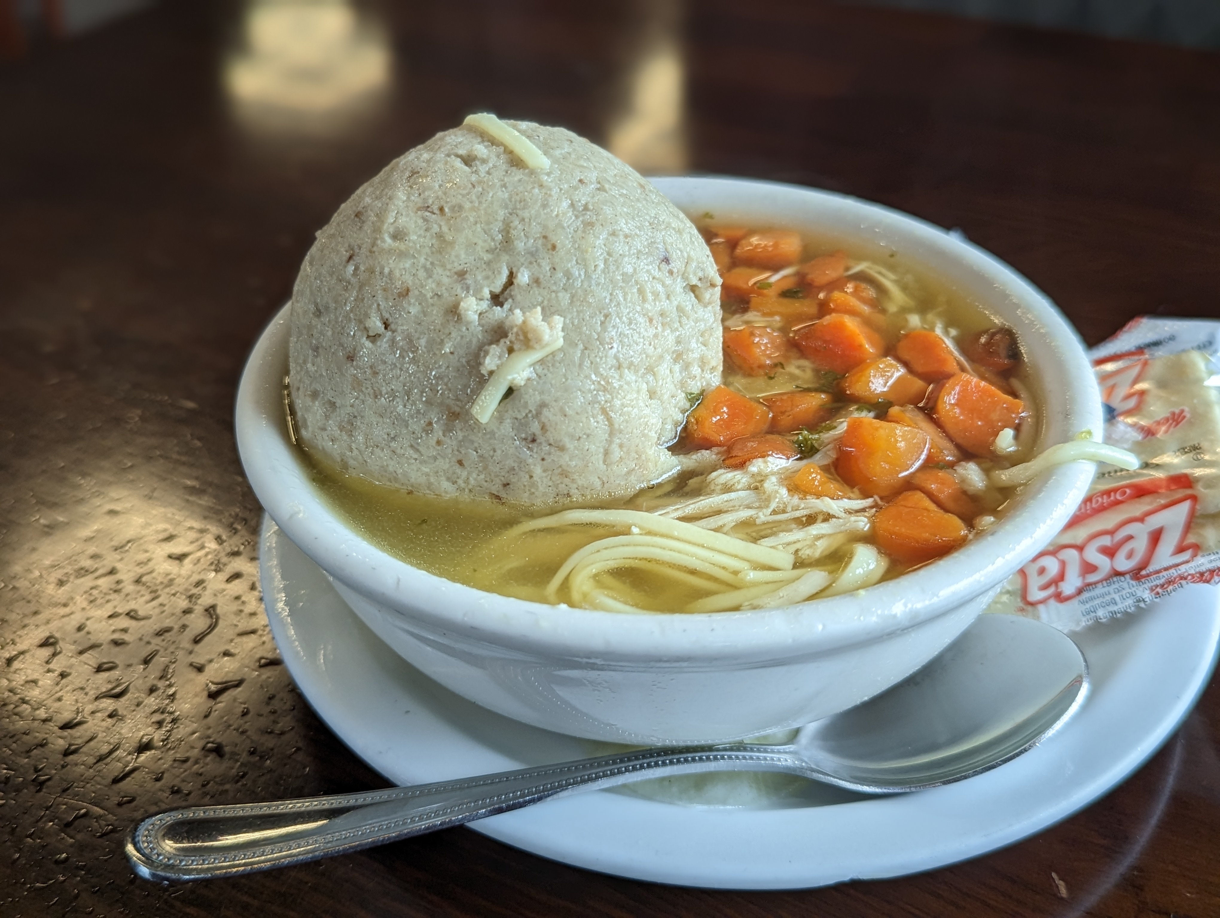 A bowl of matzoh ball soup at Fromin’s in Los Angeles.
