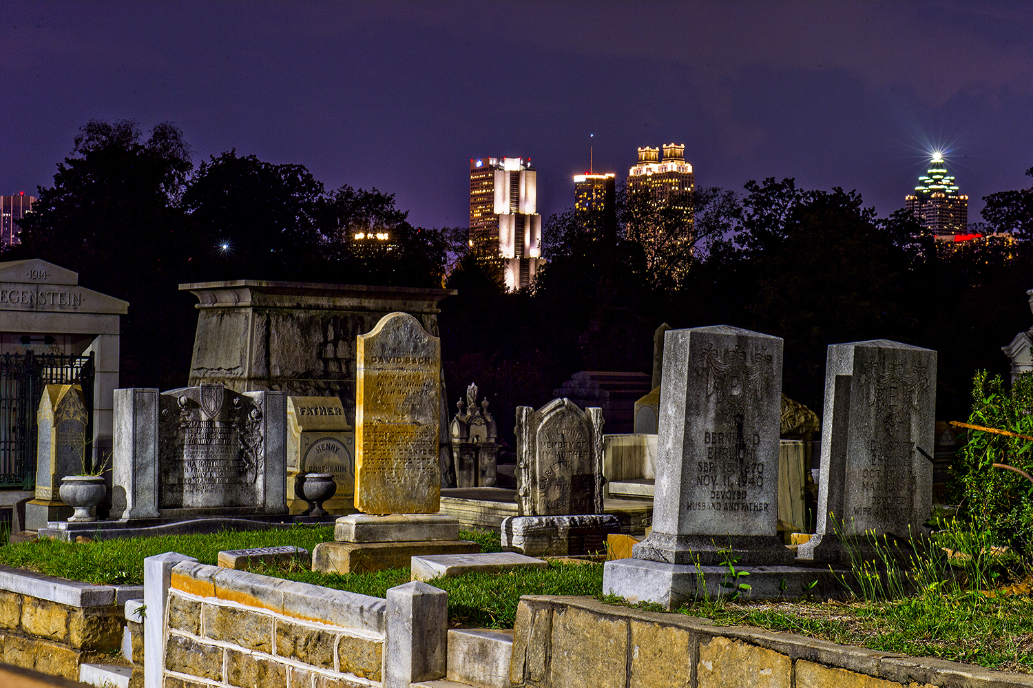 A night photo of creepy Oakland Cemetery in Atlanta. 