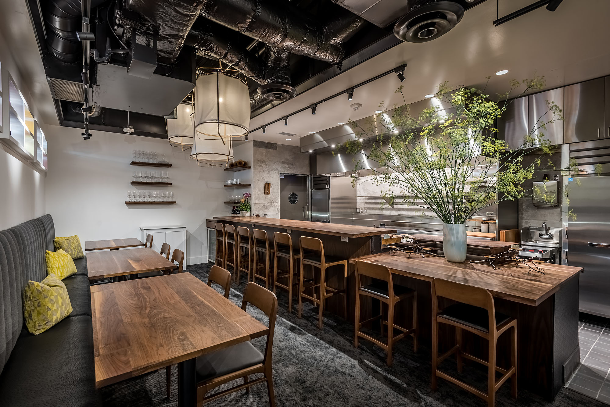Inside a tiny fine dining restaurant in Santa Monica named Dialogue, with mostly only counter seating available.