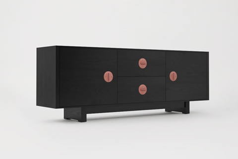 Black cabinet with round pink handles