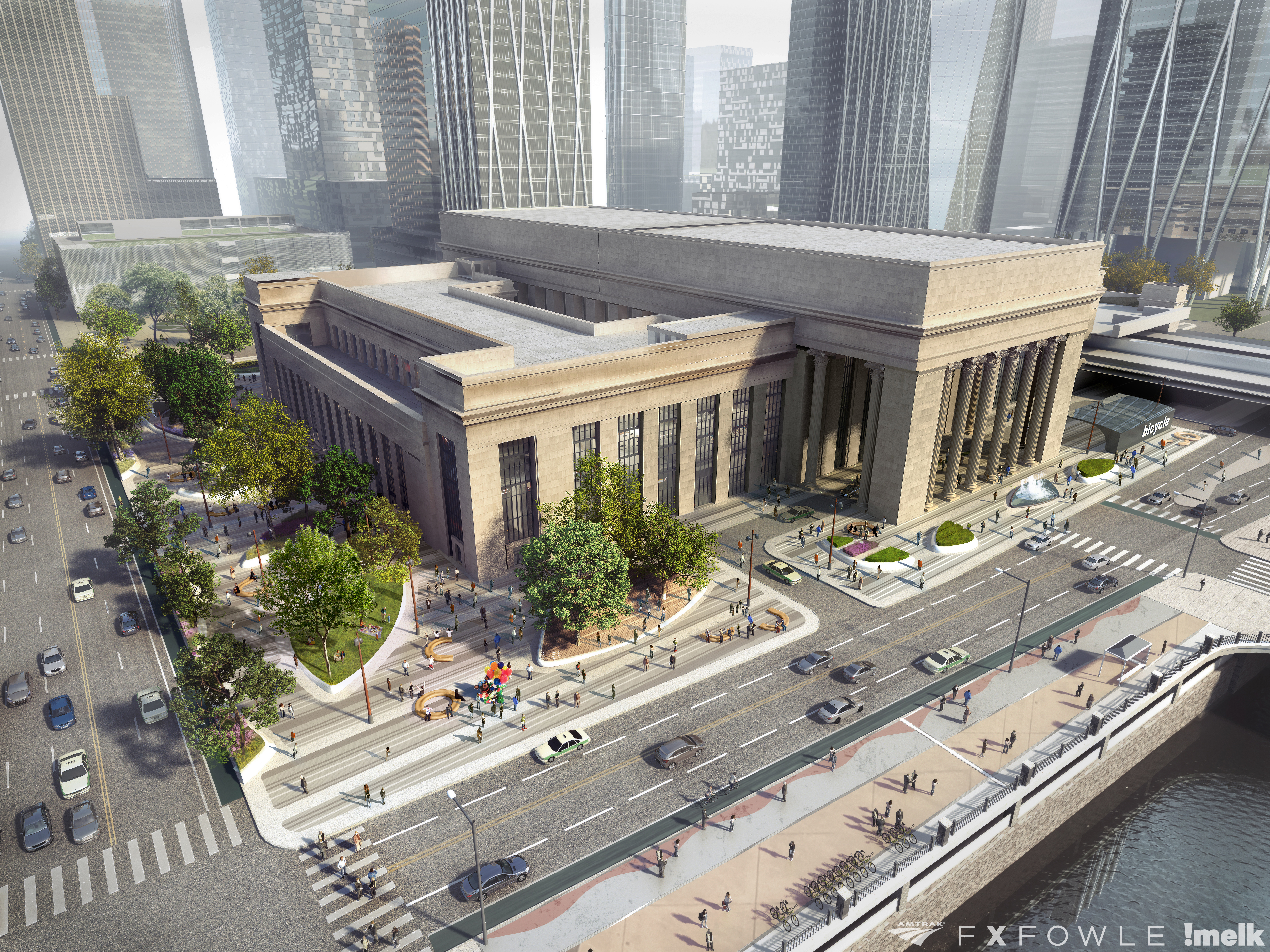 A rendering of 30th Street Station in Philadelphia. The station has tall windows and a tan facade. There are trees and roads in front of the building.