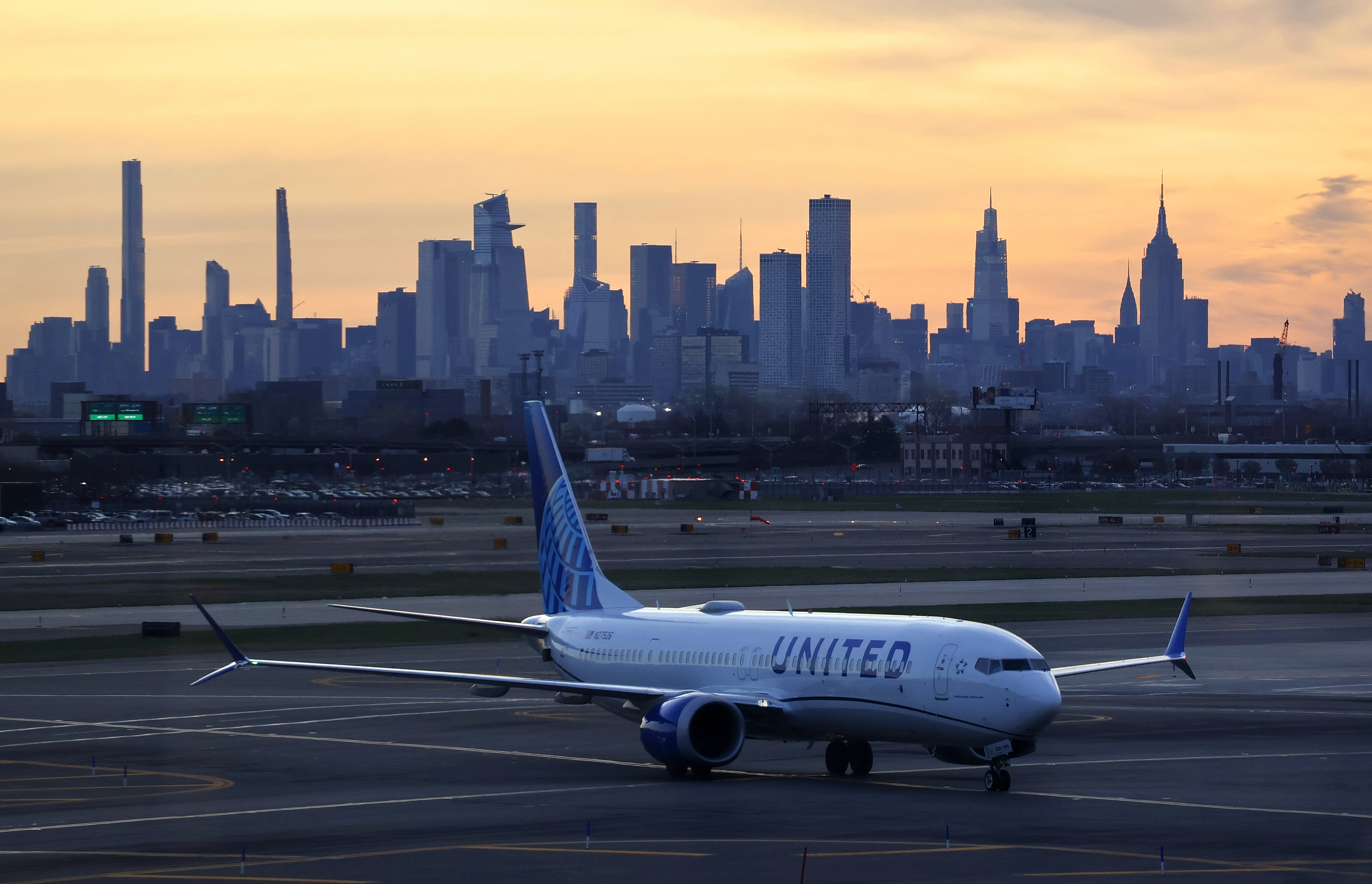A United plane on the ground at Newark Airport. 