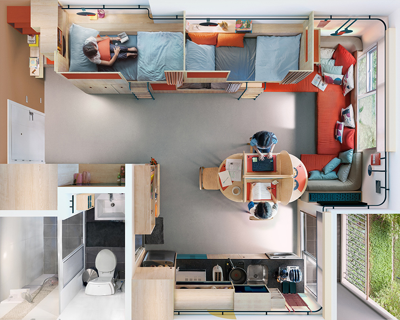 Aerial view of small apartment feature three built-in bunk beds, a built-in bench, small dining table, small bathroom and kitchen, and a small balcony.